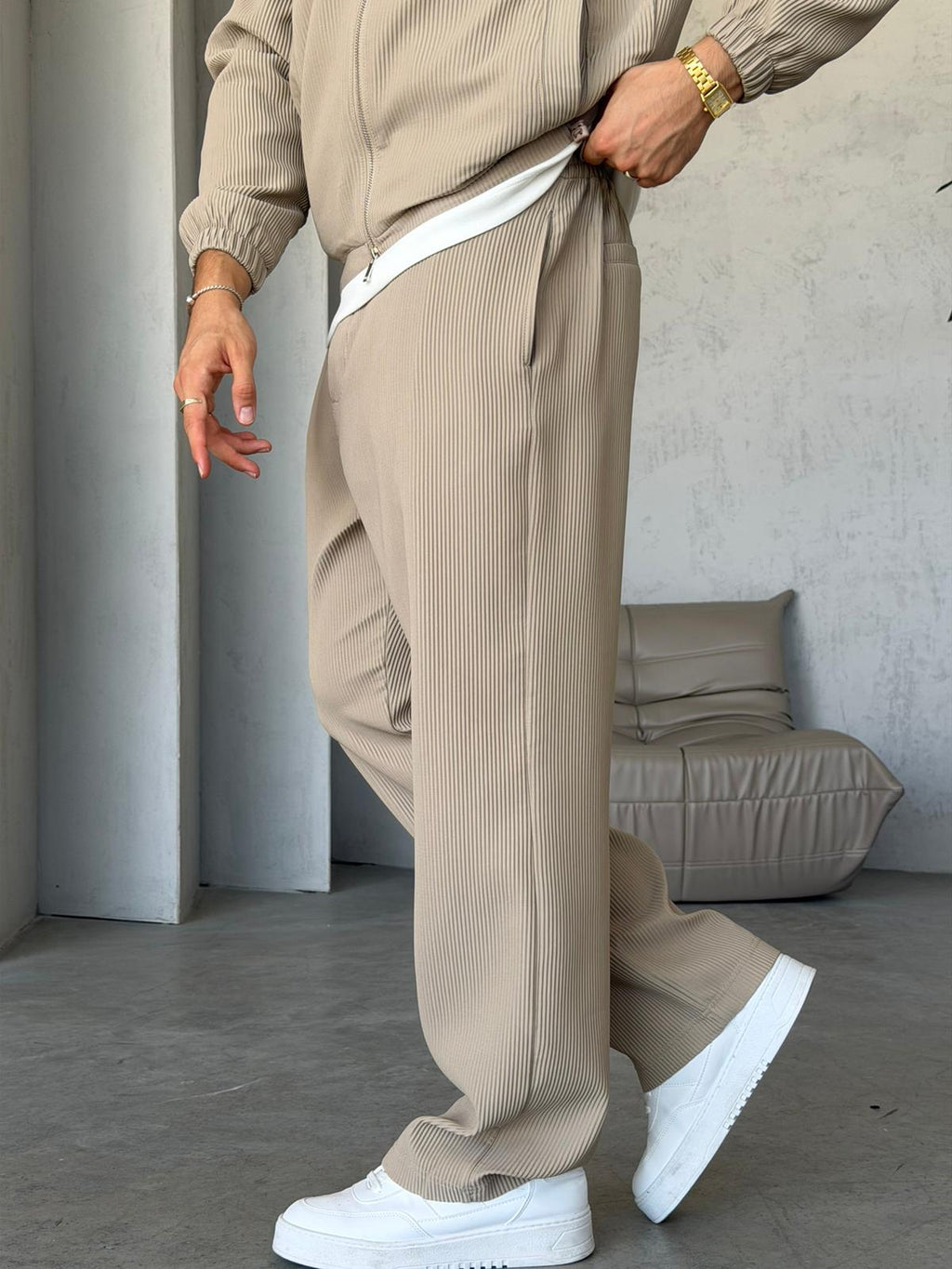 Premium Ottoman Fabric Zip-Up Set -  Cream