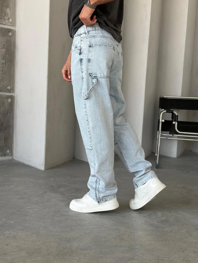 Washed Blue Modern Design Baggy Pants with Zipper Hem Detail