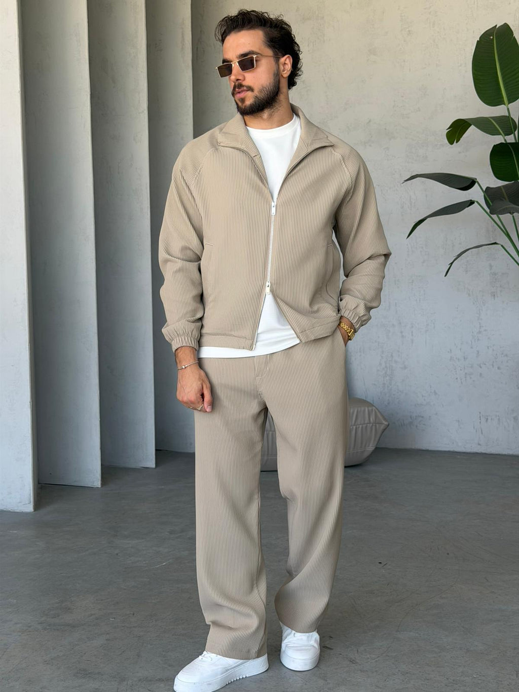 Premium Ottoman Fabric Zip-Up Set -  Cream