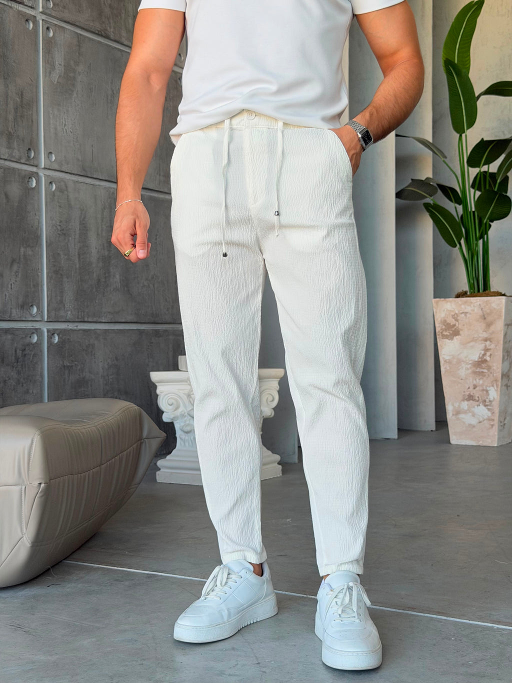 White Waffle Jogger Pants