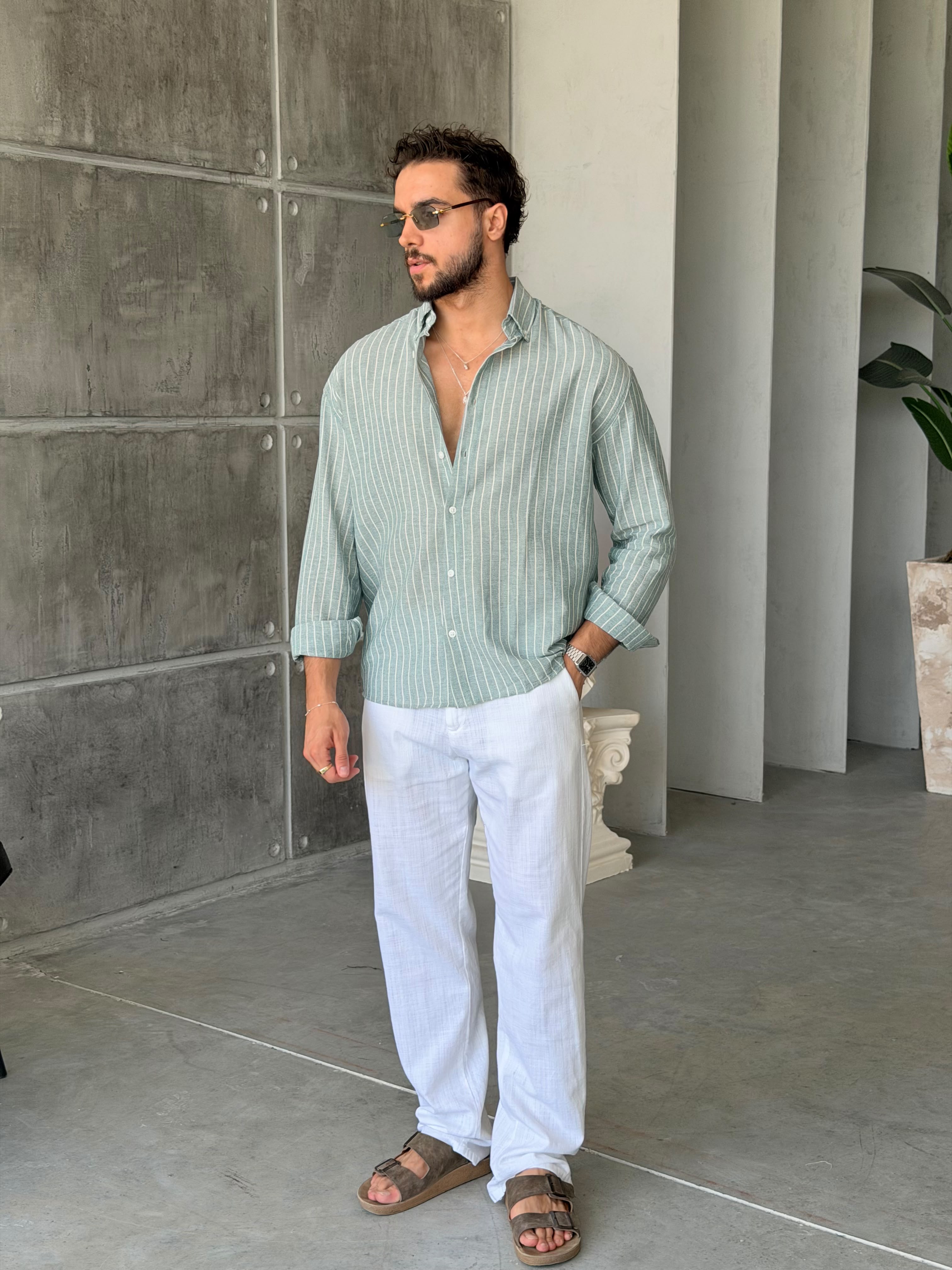 Striped Cotton Linen Shirt – Green/White
