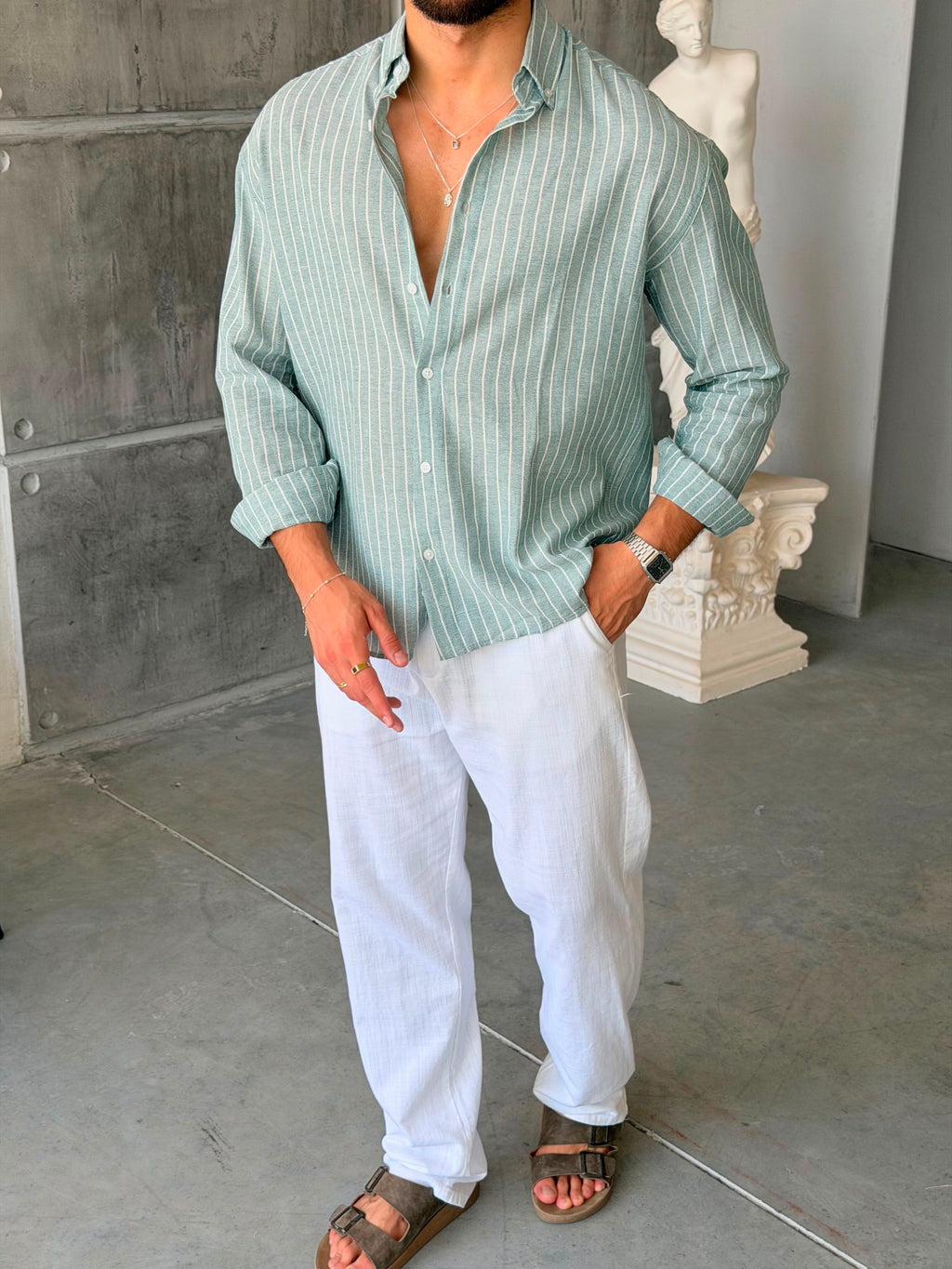 Striped Cotton Linen Shirt – Green/White