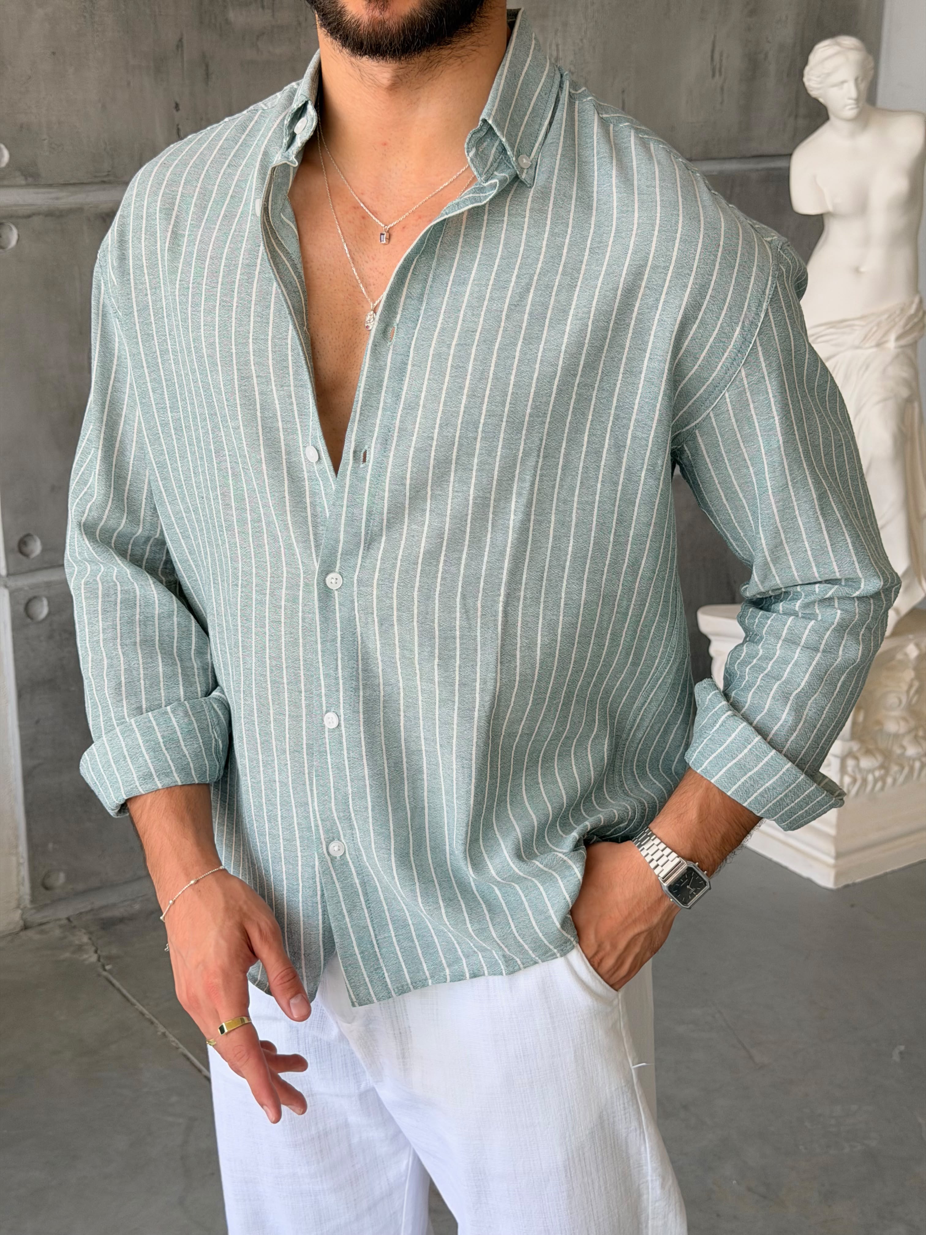 Striped Cotton Linen Shirt – Green/White