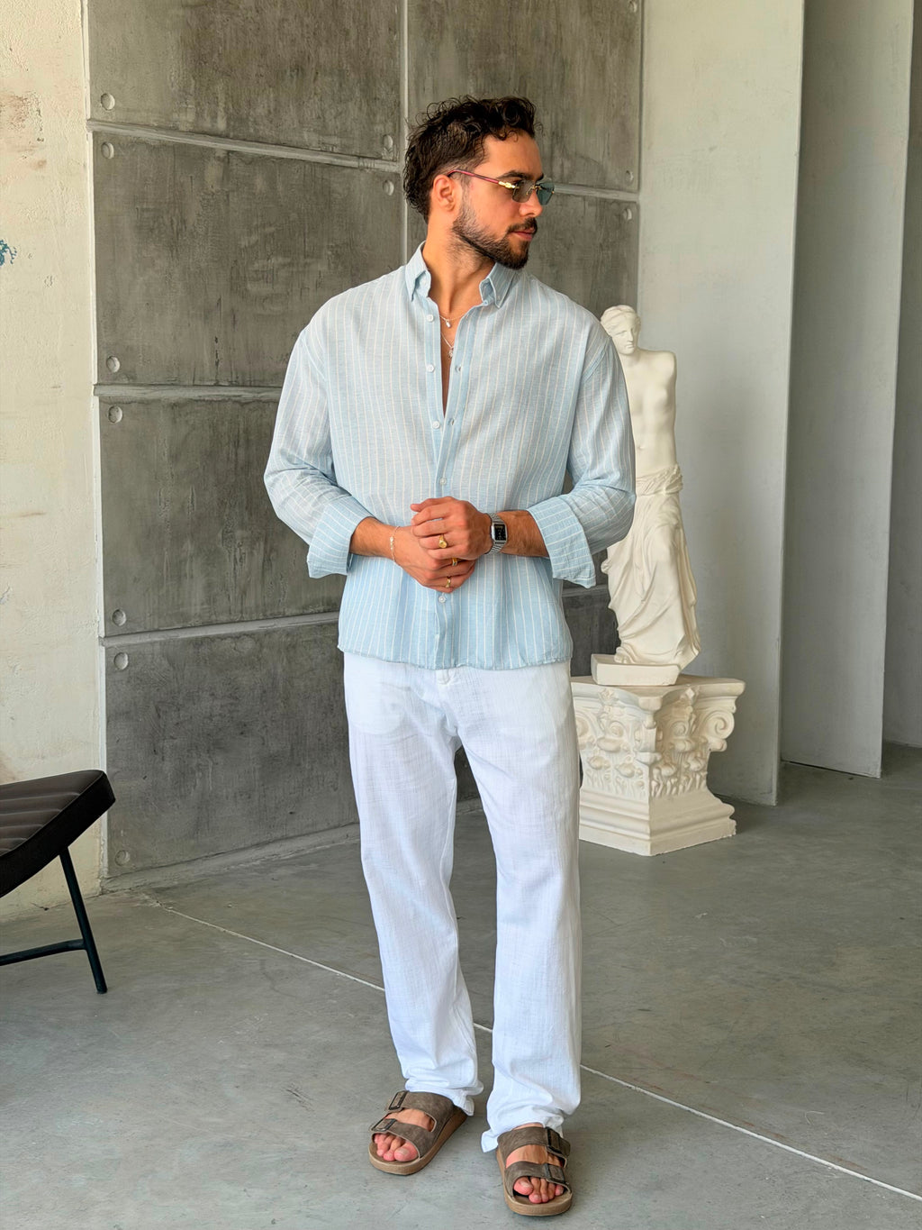 Striped Cotton Linen Shirt – Baby Blue