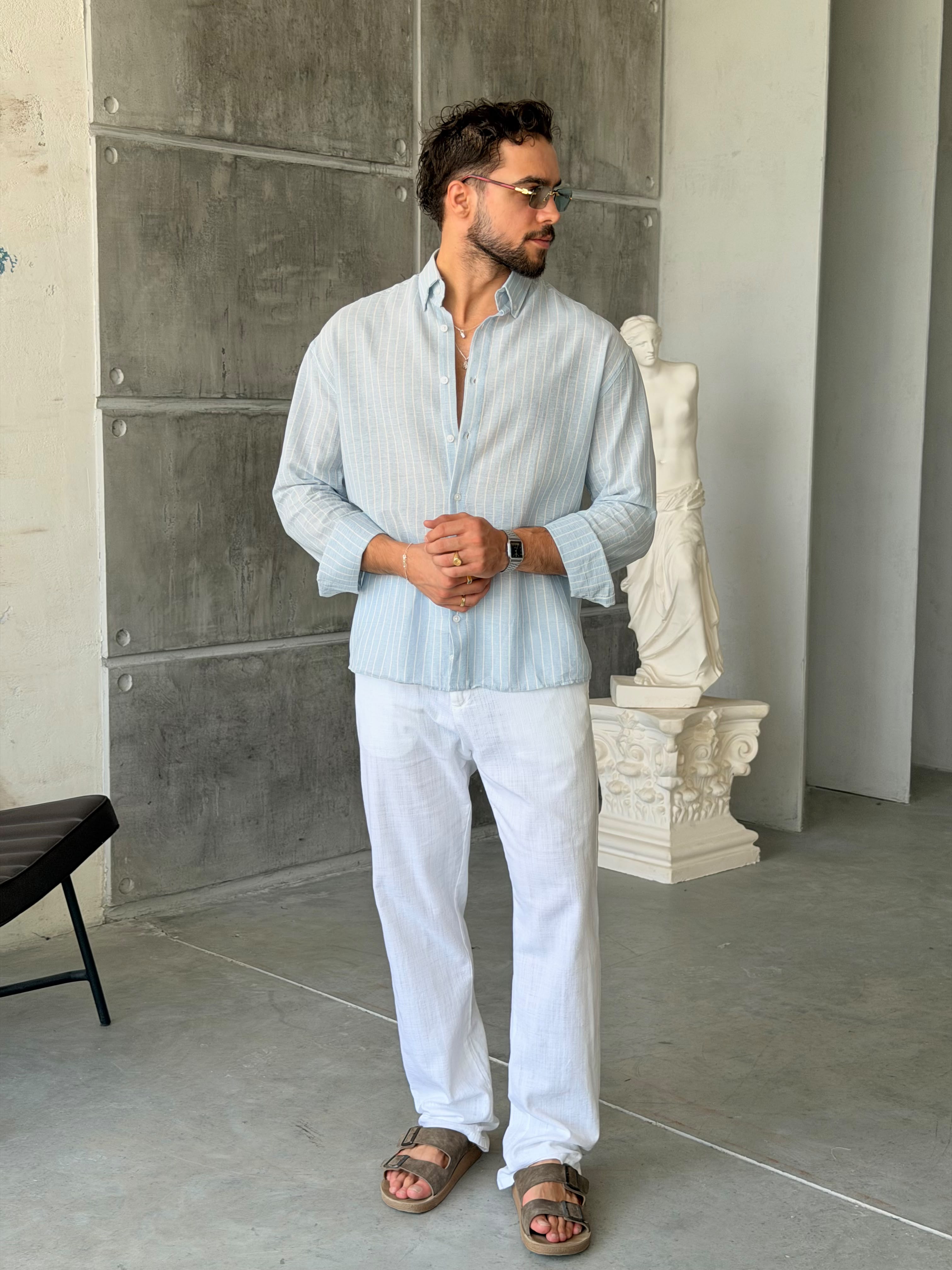 Striped Cotton Linen Shirt – Baby Blue