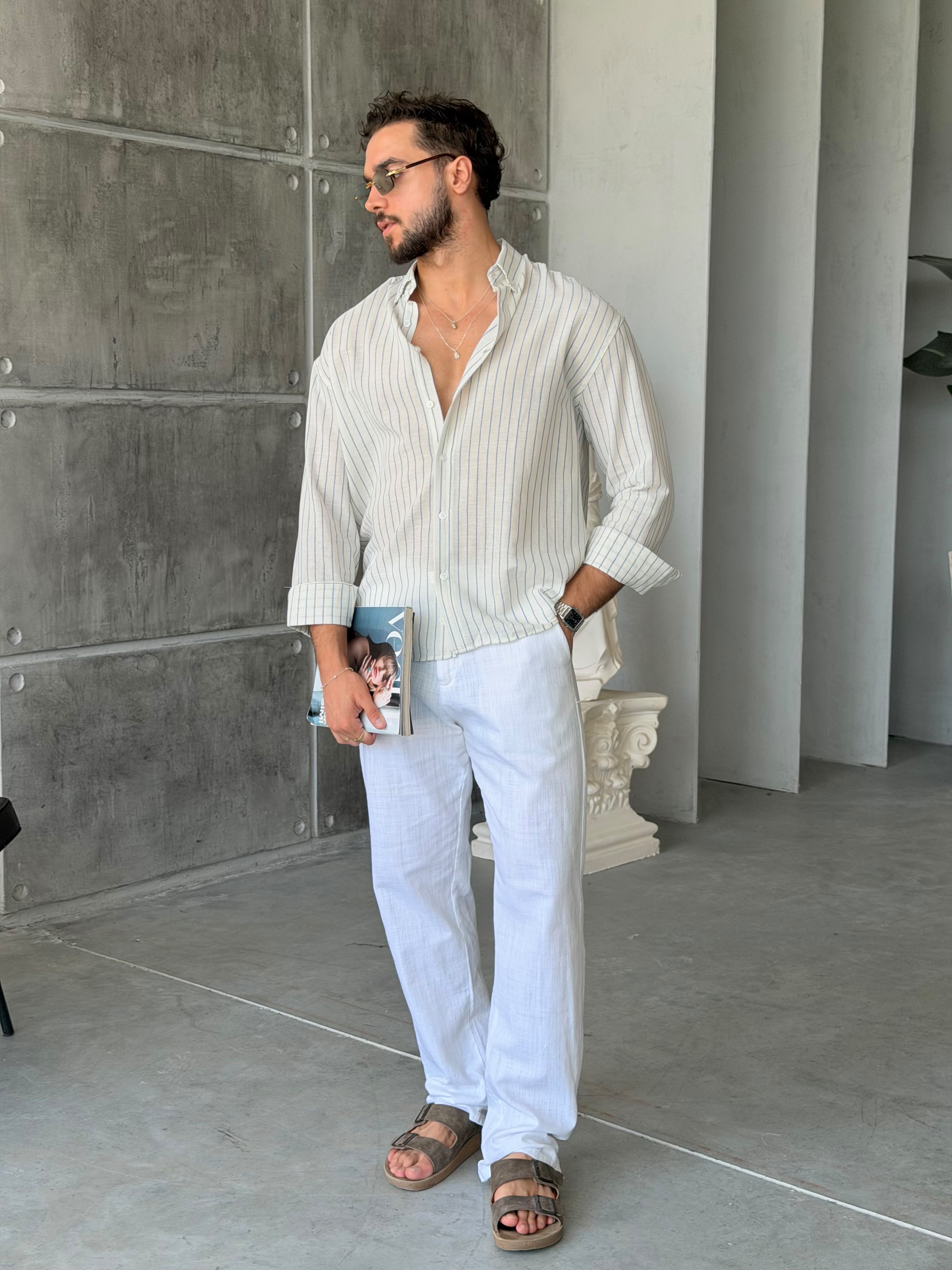 Striped Cotton Linen Shirt – White/Blue