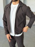Tech Fabric Zip-Up Jacket & Trousers Set - BROWN