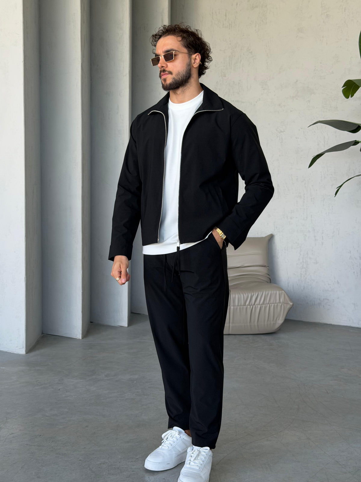Tech Fabric Zip-Up Jacket & Trousers Set - BLACK