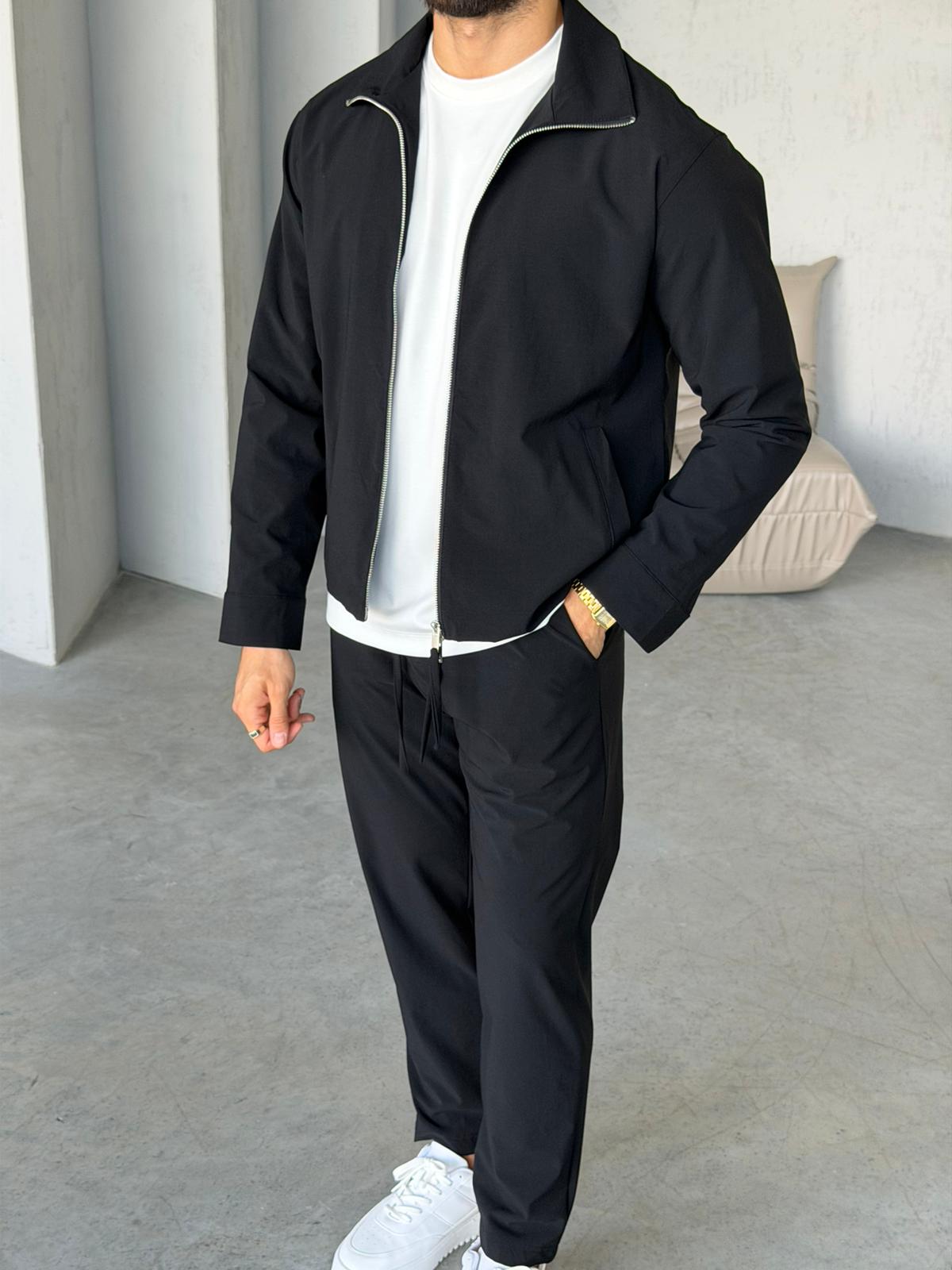 Tech Fabric Zip-Up Jacket & Trousers Set - BLACK