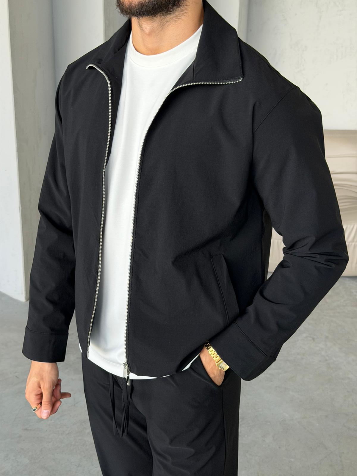 Tech Fabric Zip-Up Jacket & Trousers Set - BLACK