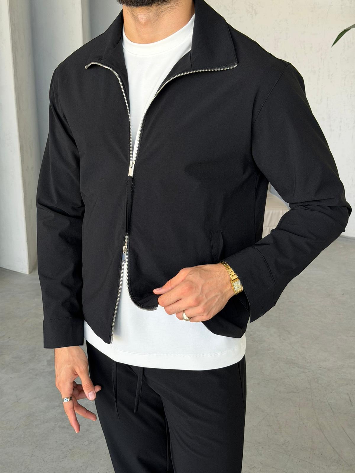 Tech Fabric Zip-Up Jacket & Trousers Set - BLACK