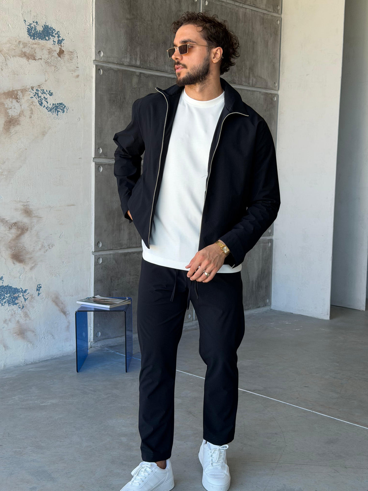 Tech Fabric Zip-Up Jacket & Trousers Set - NAVY