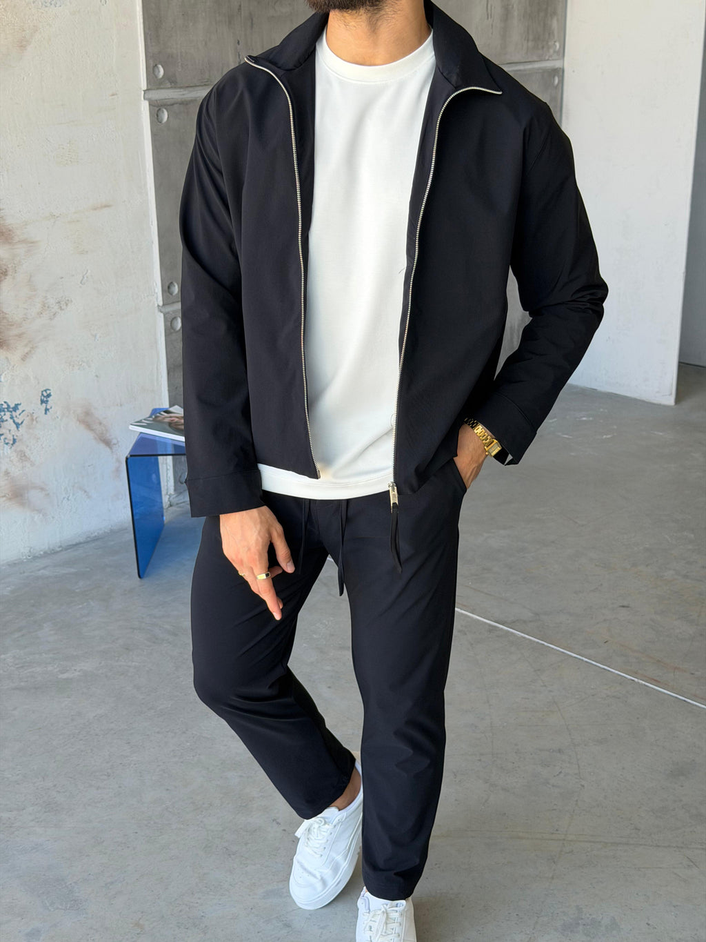 Tech Fabric Zip-Up Jacket & Trousers Set - BLACK