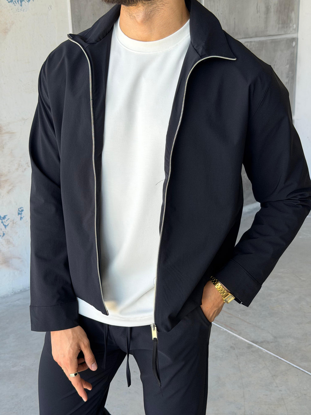 Tech Fabric Zip-Up Jacket & Trousers Set - NAVY