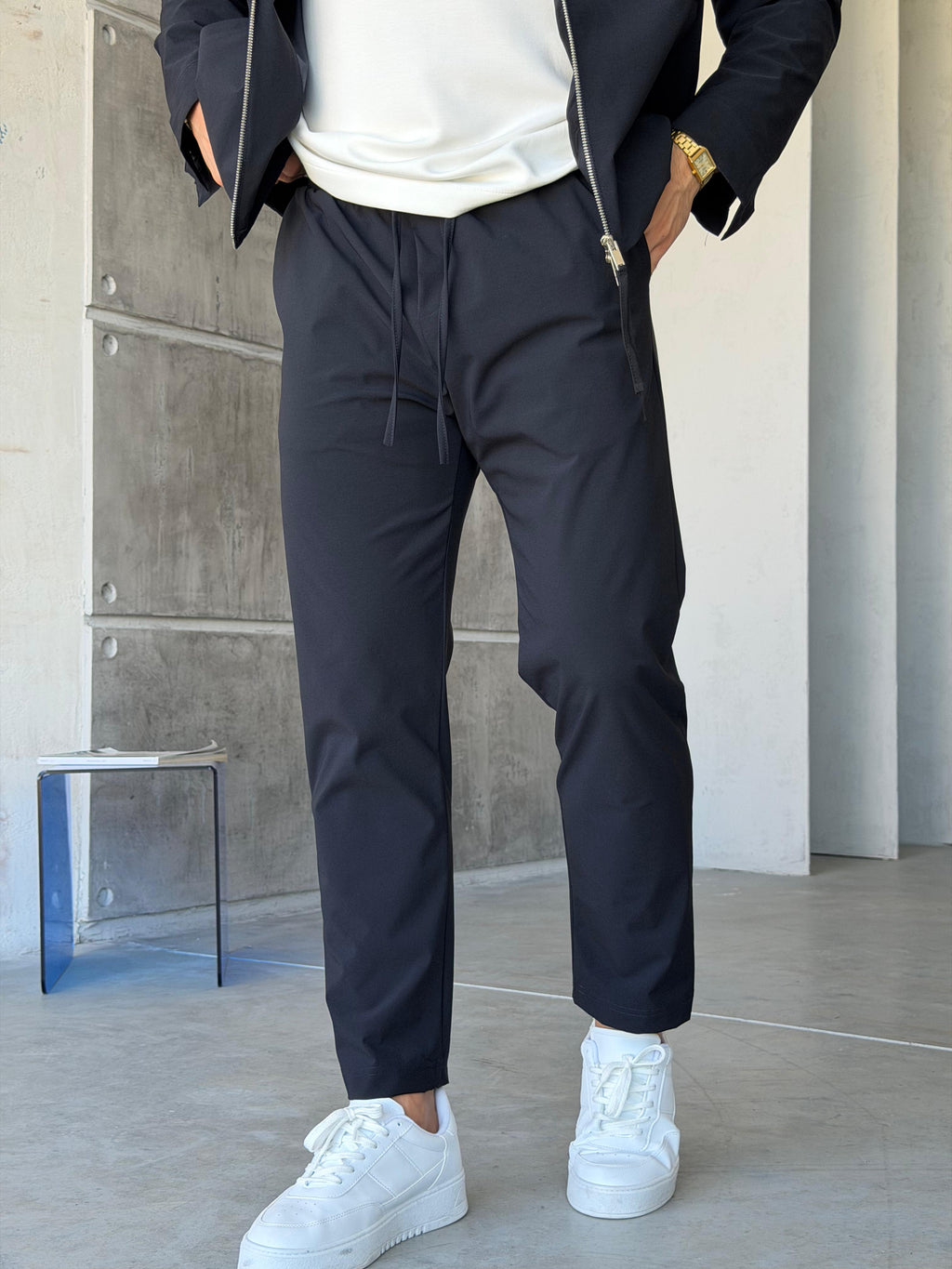 Tech Fabric Zip-Up Jacket & Trousers Set - NAVY