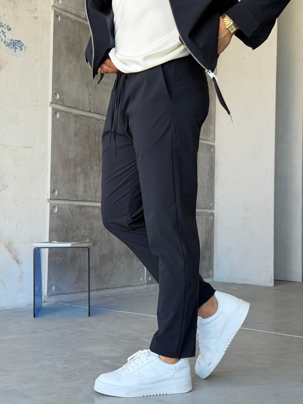 Tech Fabric Zip-Up Jacket & Trousers Set - NAVY