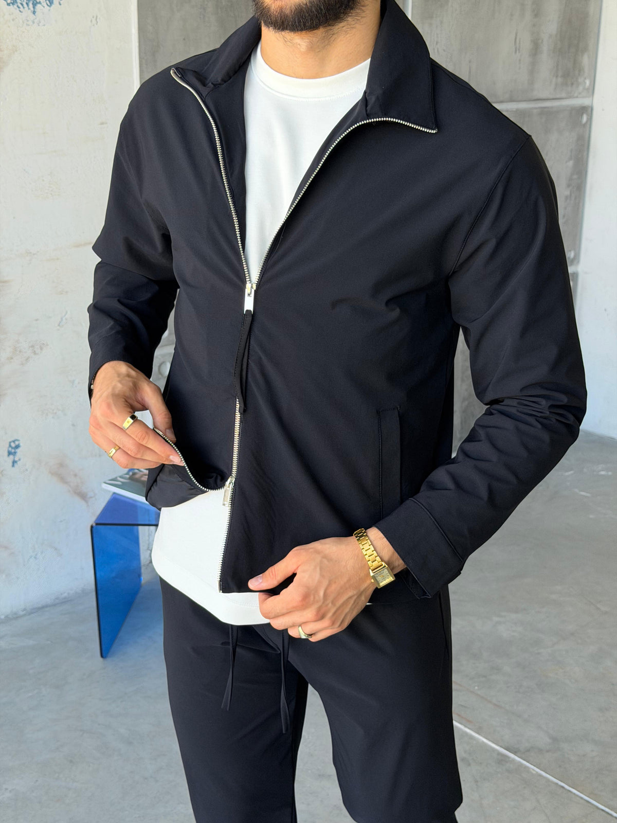 Tech Fabric Zip-Up Jacket & Trousers Set - NAVY