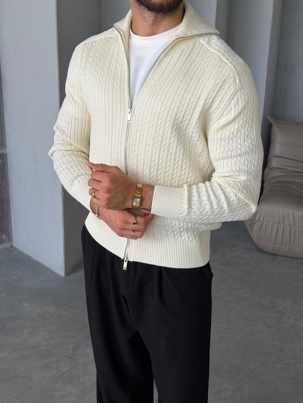 Textured Knit Double-Zip Cardigan – Ecru