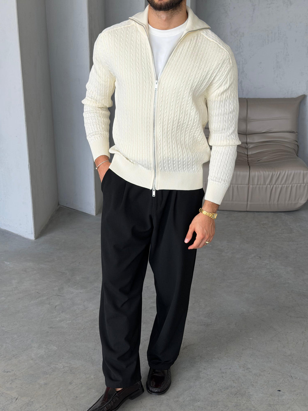 Textured Knit Double-Zip Cardigan – Ecru