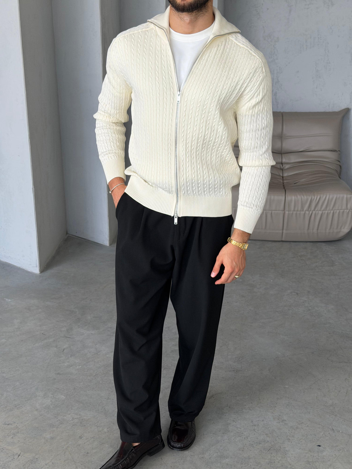 Textured Knit Double-Zip Cardigan – Ecru