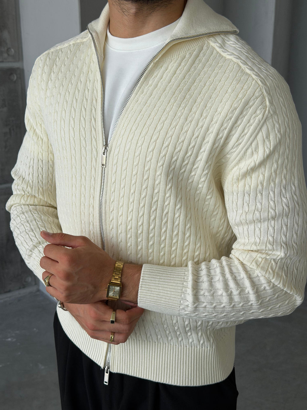 Textured Knit Double-Zip Cardigan – Ecru