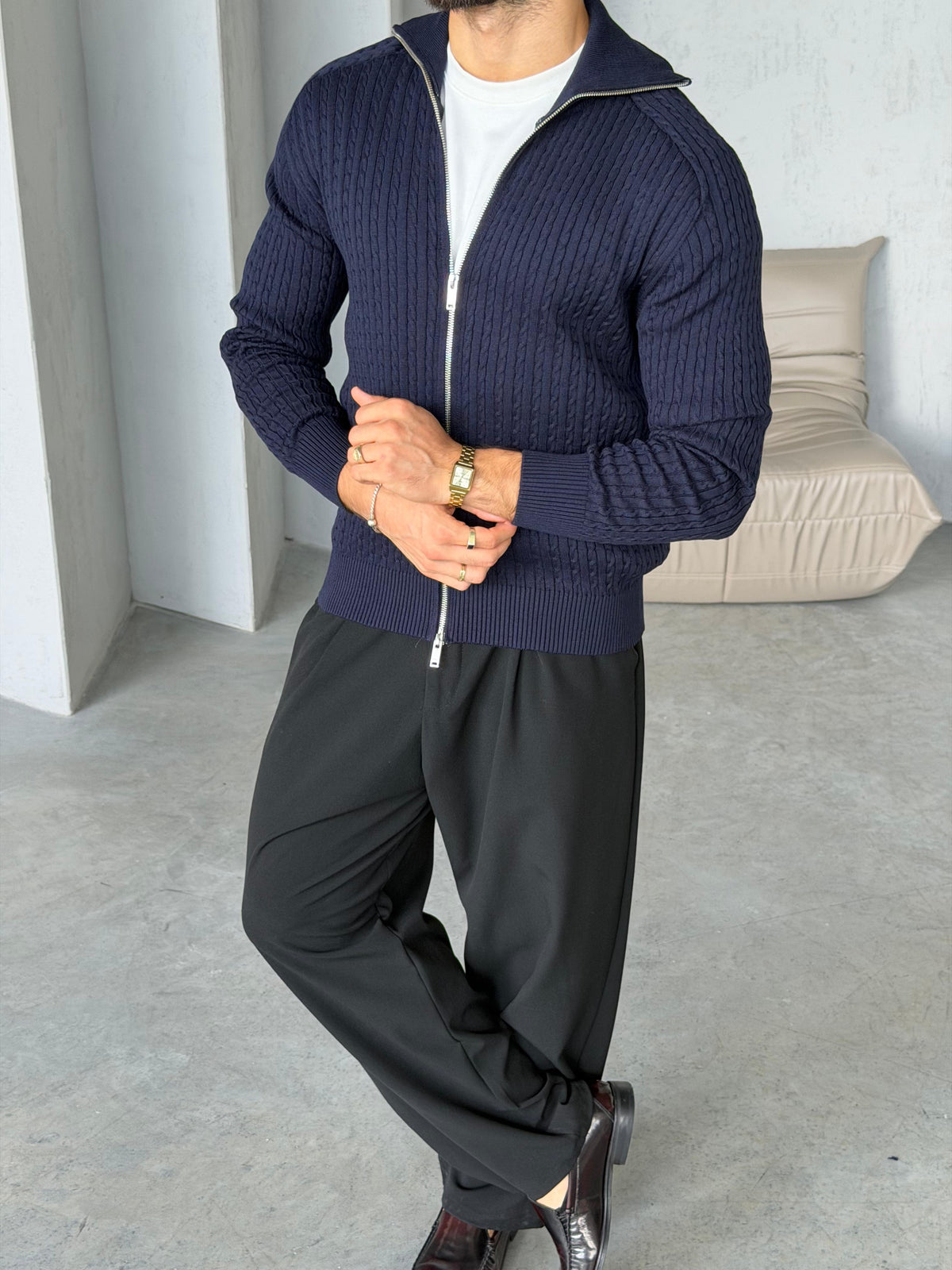 Textured Knit Double-Zip Cardigan – Navy