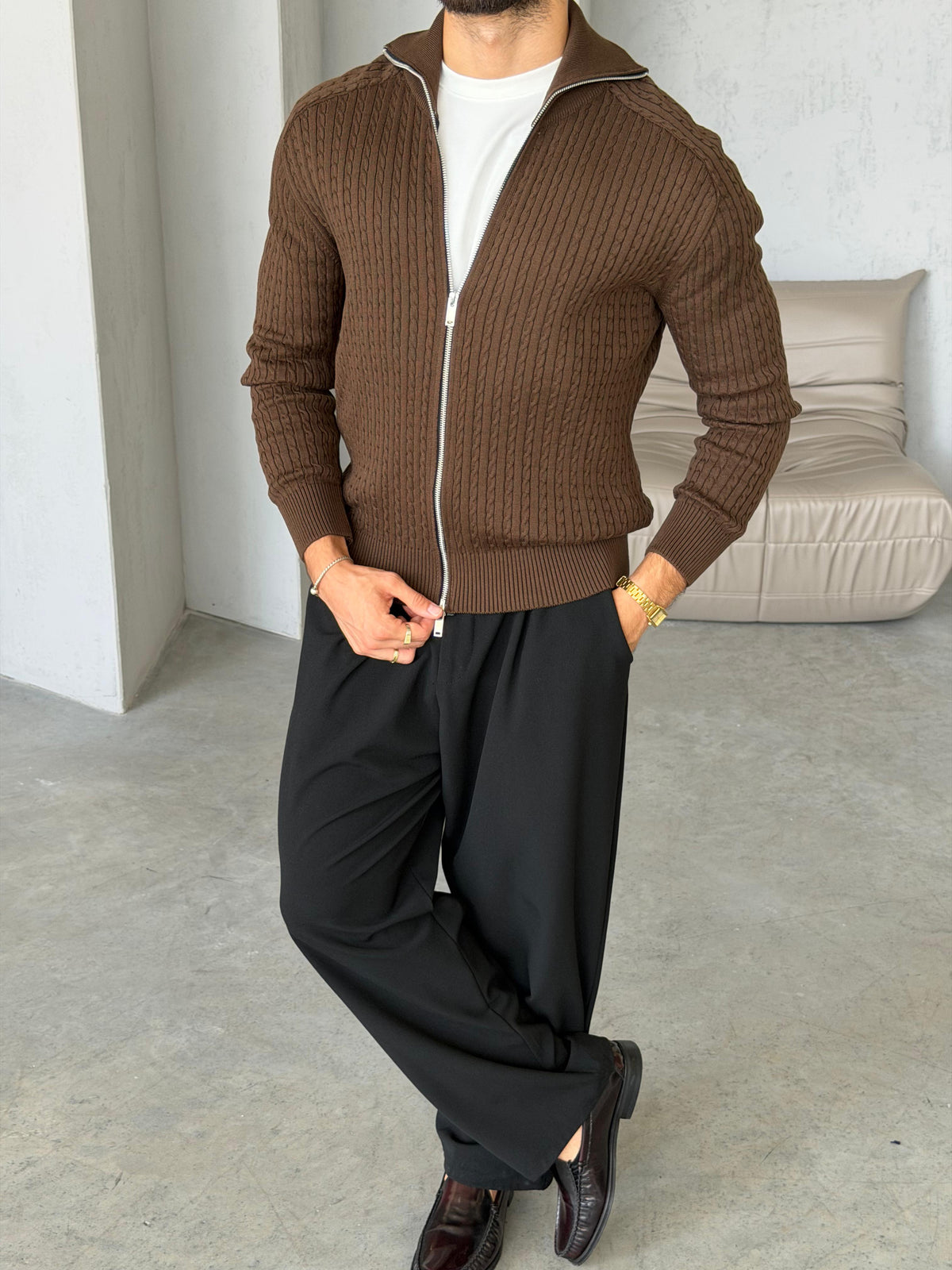 Textured Knit Double-Zip Cardigan – Brown