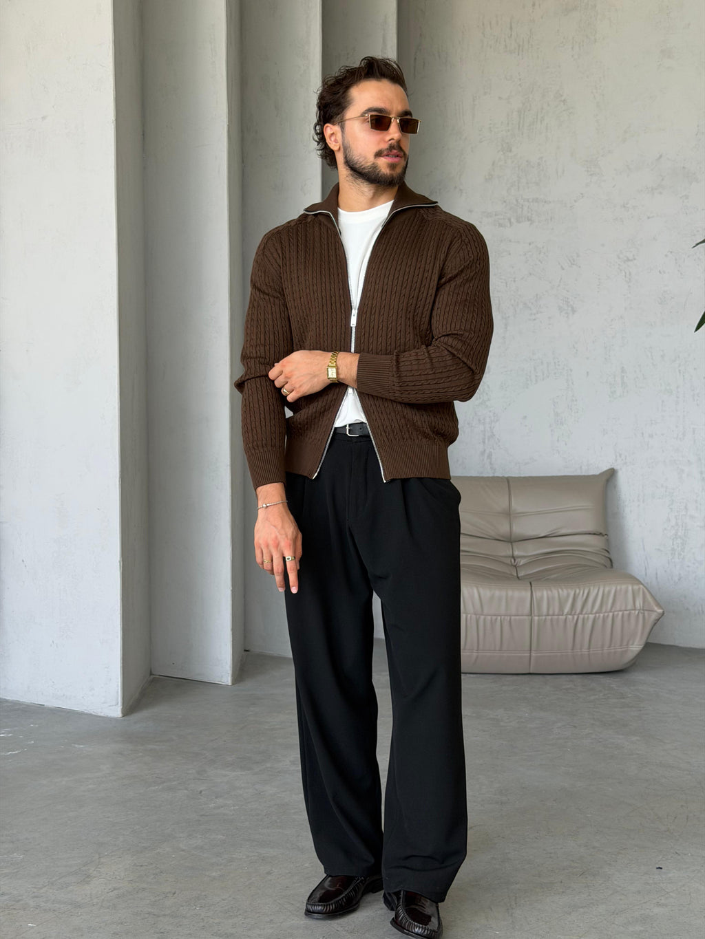 Textured Knit Double-Zip Cardigan – Brown