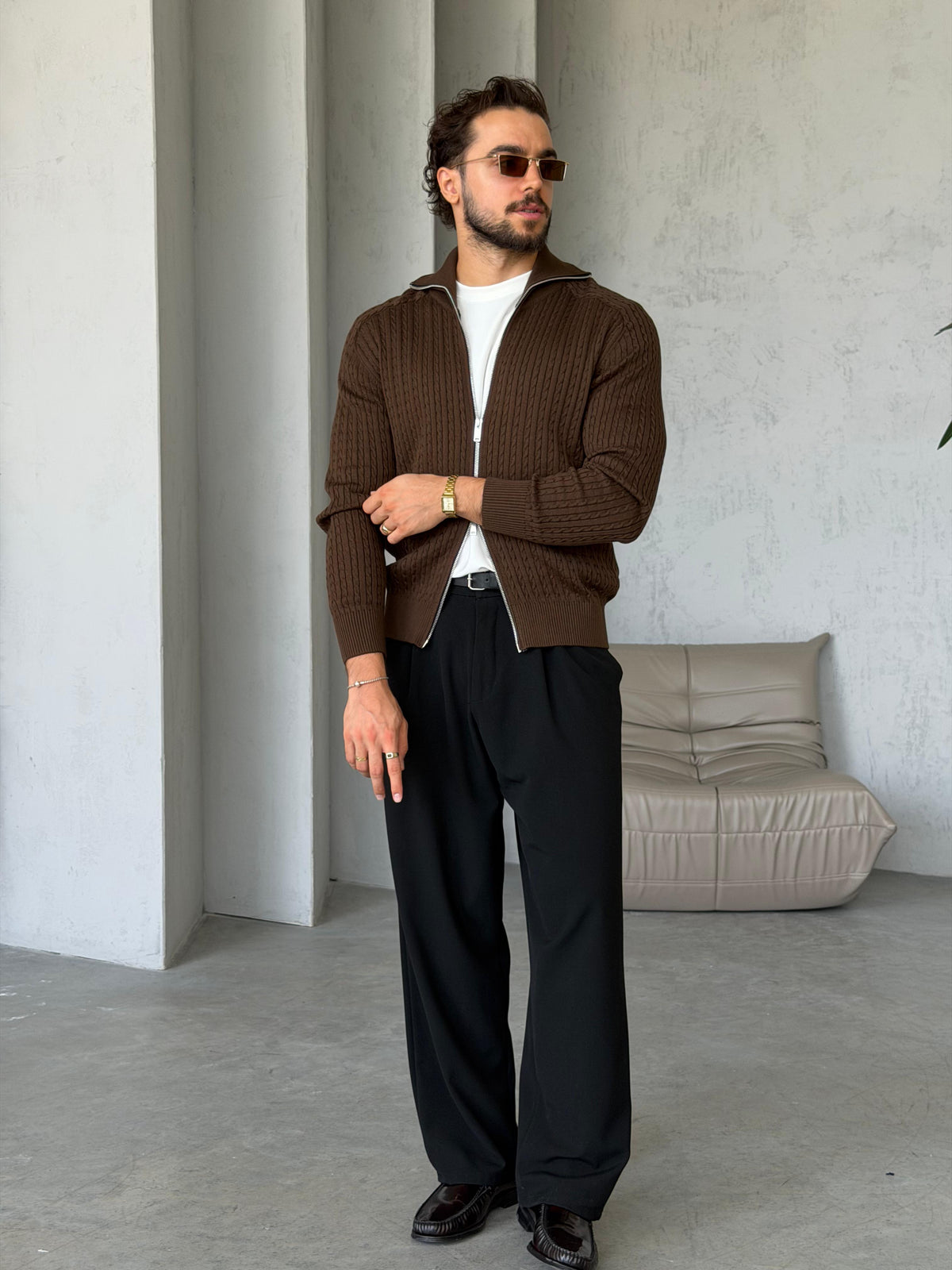 Textured Knit Double-Zip Cardigan – Brown