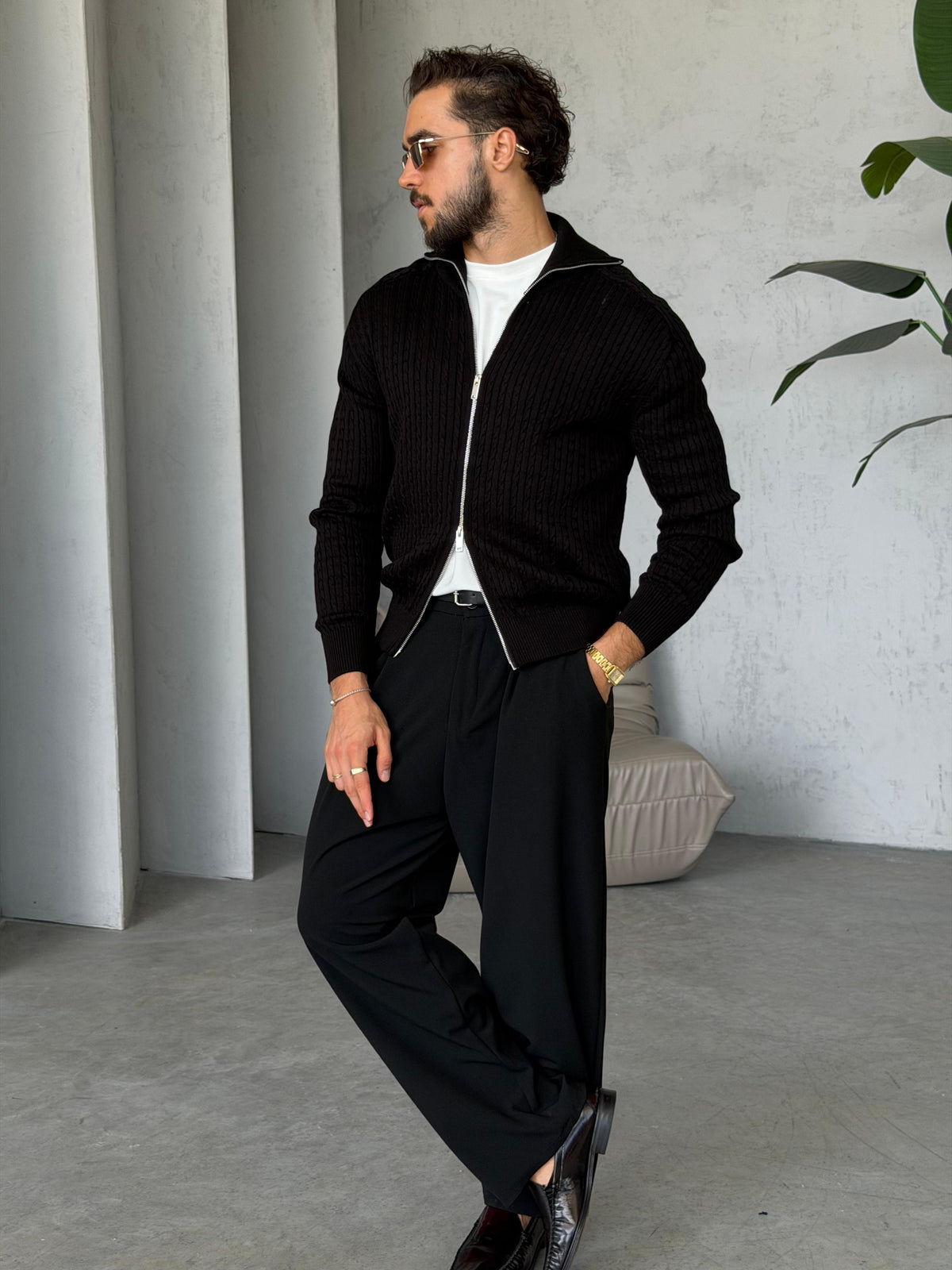 Textured Knit Double-Zip Cardigan – Black