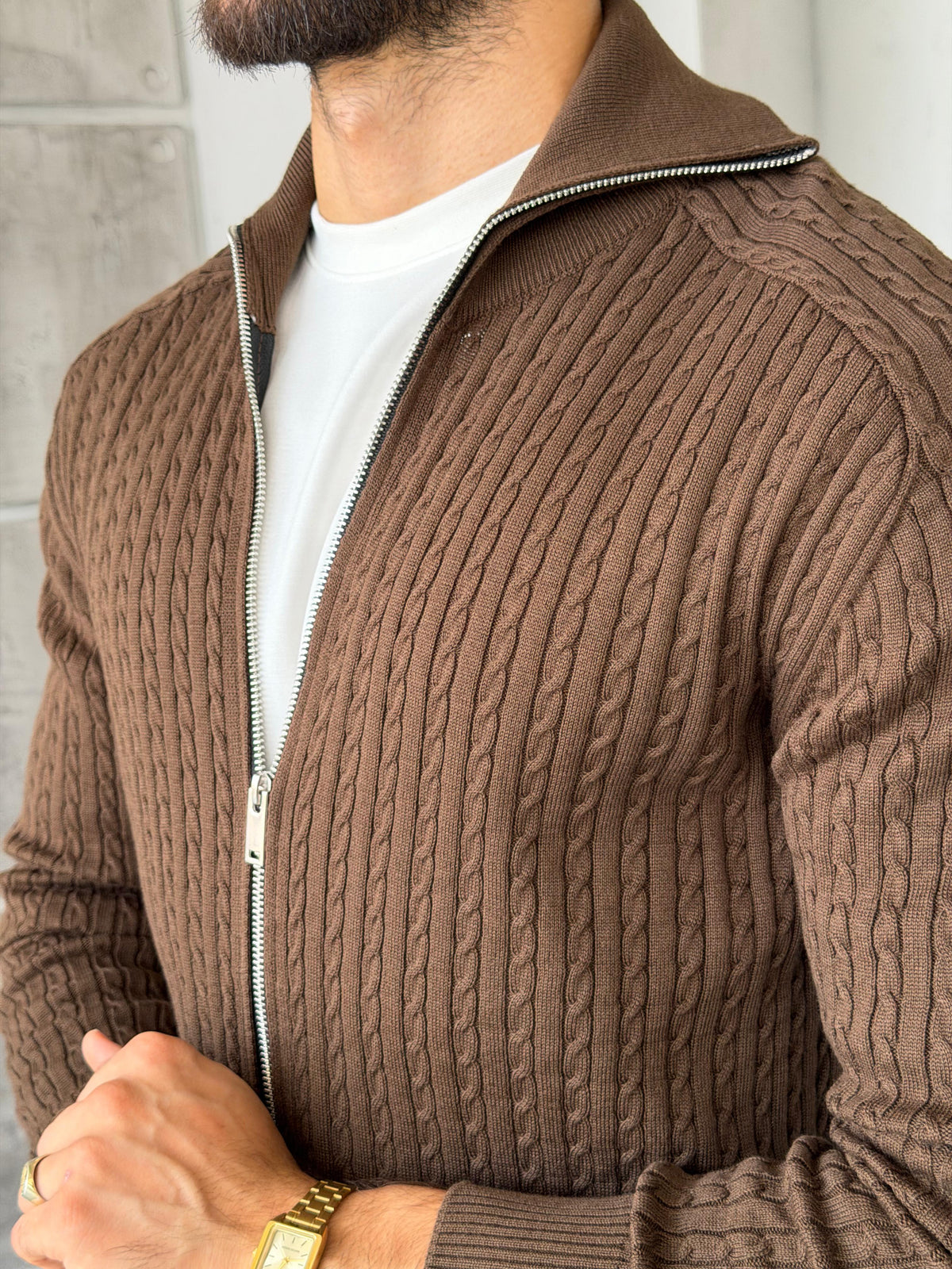 Textured Knit Double-Zip Cardigan – Brown