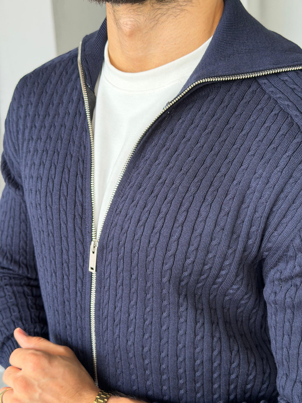 Textured Knit Double-Zip Cardigan – Navy