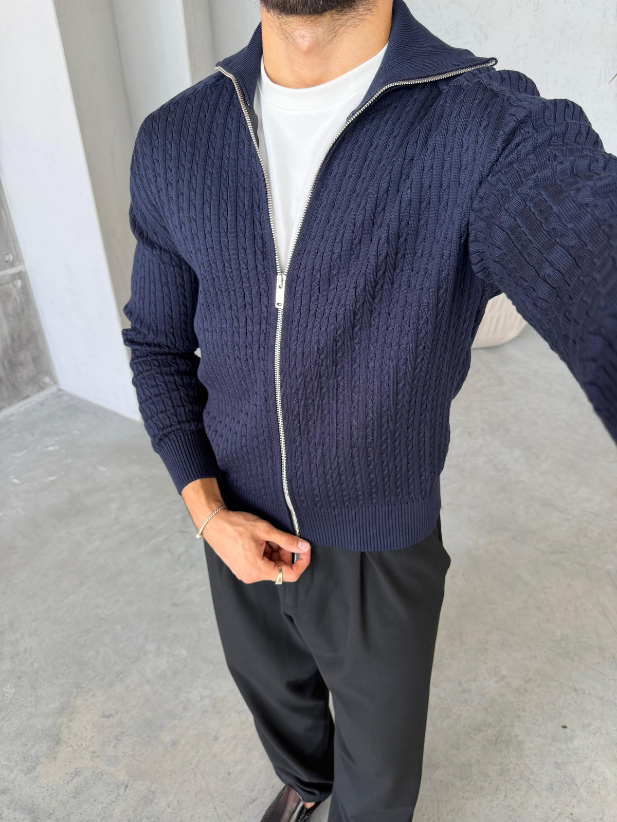 Textured Knit Double-Zip Cardigan – Navy