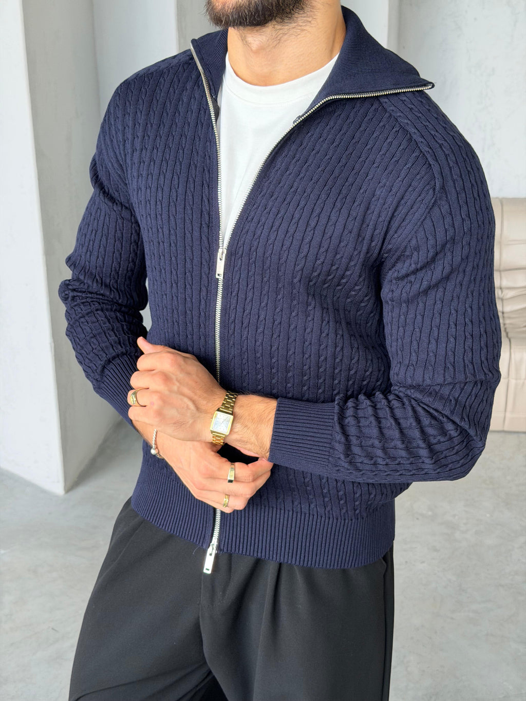 Textured Knit Double-Zip Cardigan – Navy