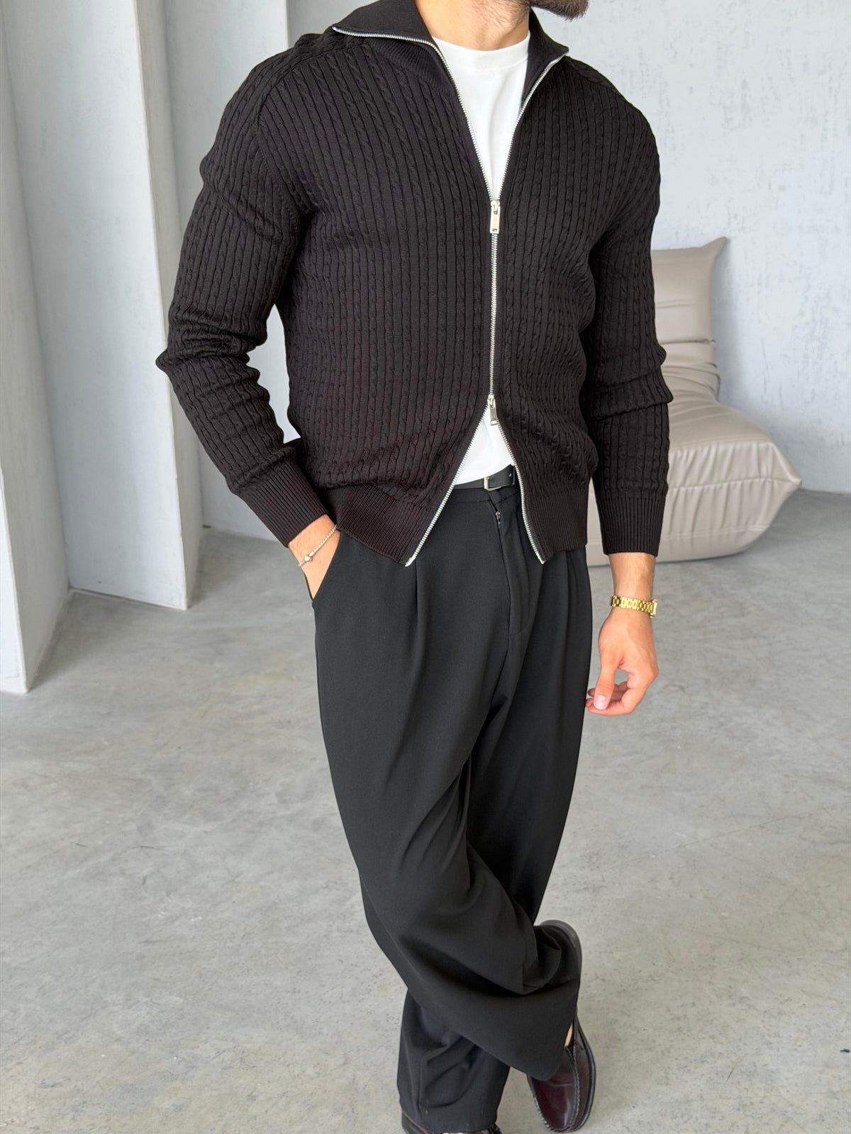 Textured Knit Double-Zip Cardigan – Black