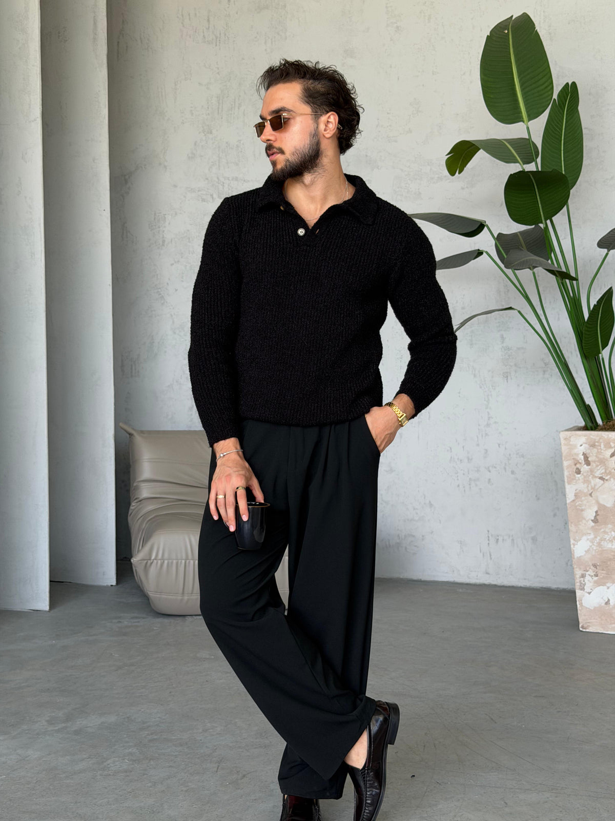 Premium Soft Touch Polo Knit Sweater - BLACK