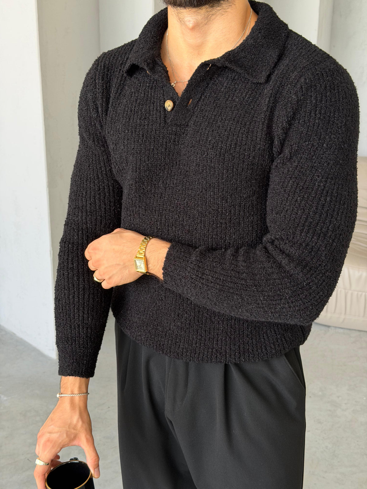 Premium Soft Touch Polo Knit Sweater - BLACK