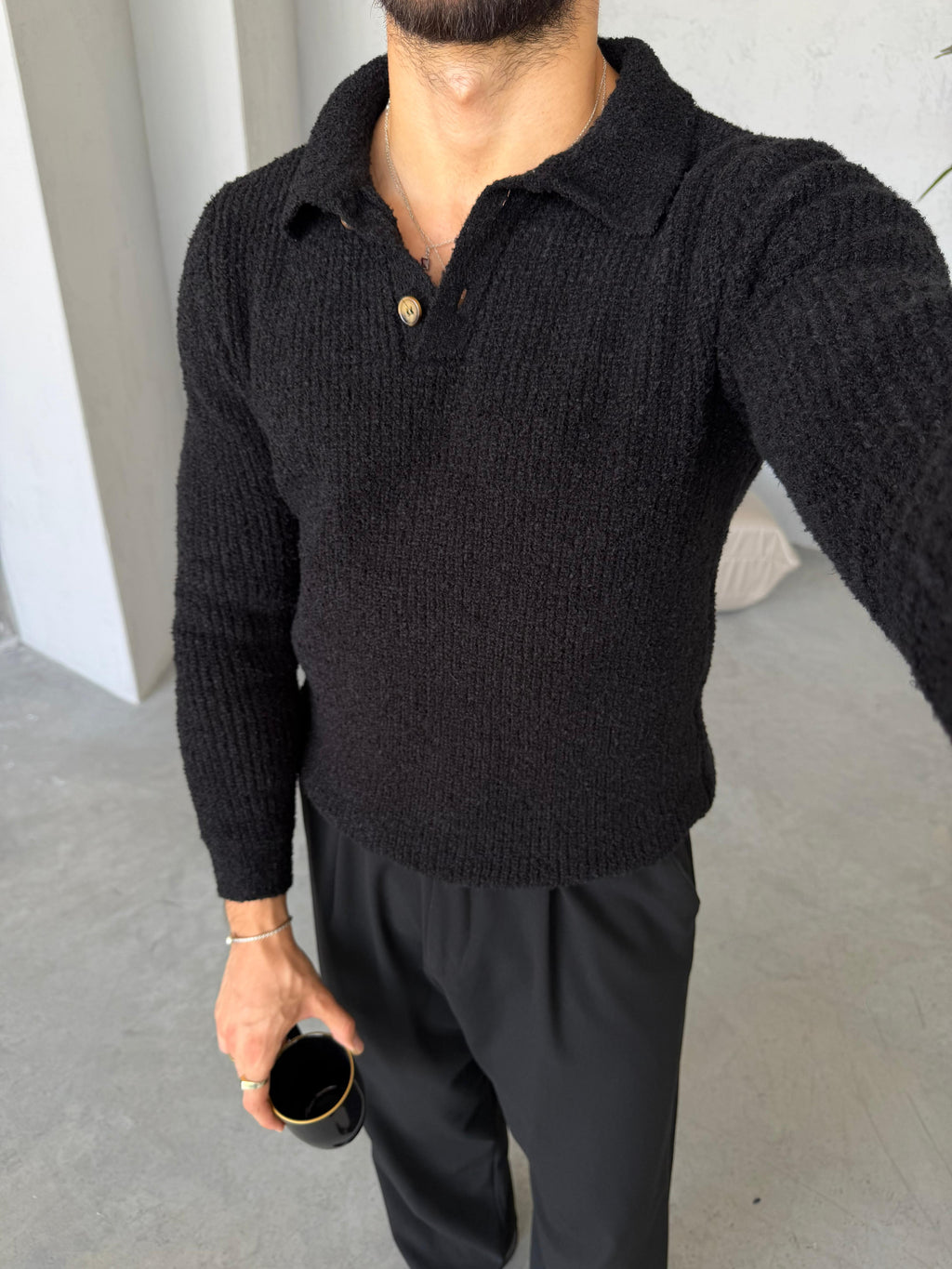 Premium Soft Touch Polo Knit Sweater - BLACK