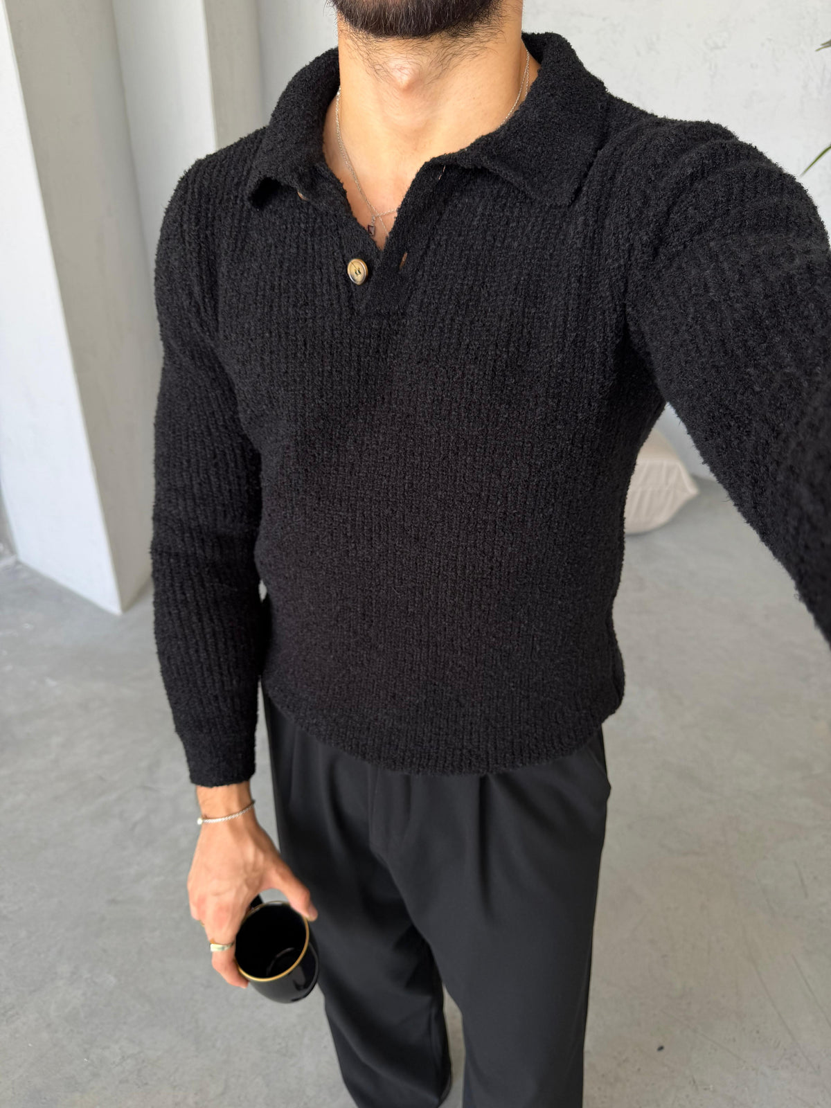 Premium Soft Touch Polo Knit Sweater - BLACK