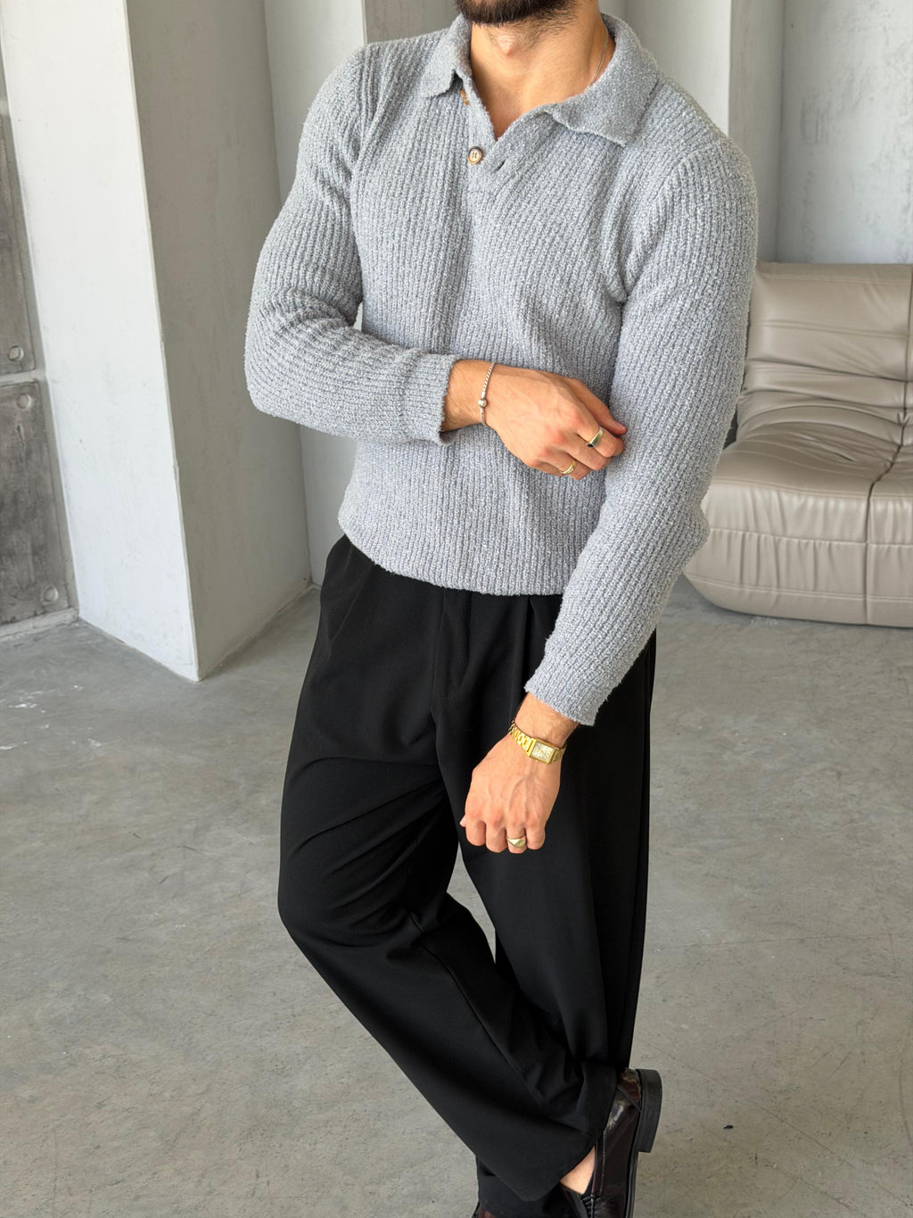 Premium Soft Touch Polo Knit Sweater - GRI