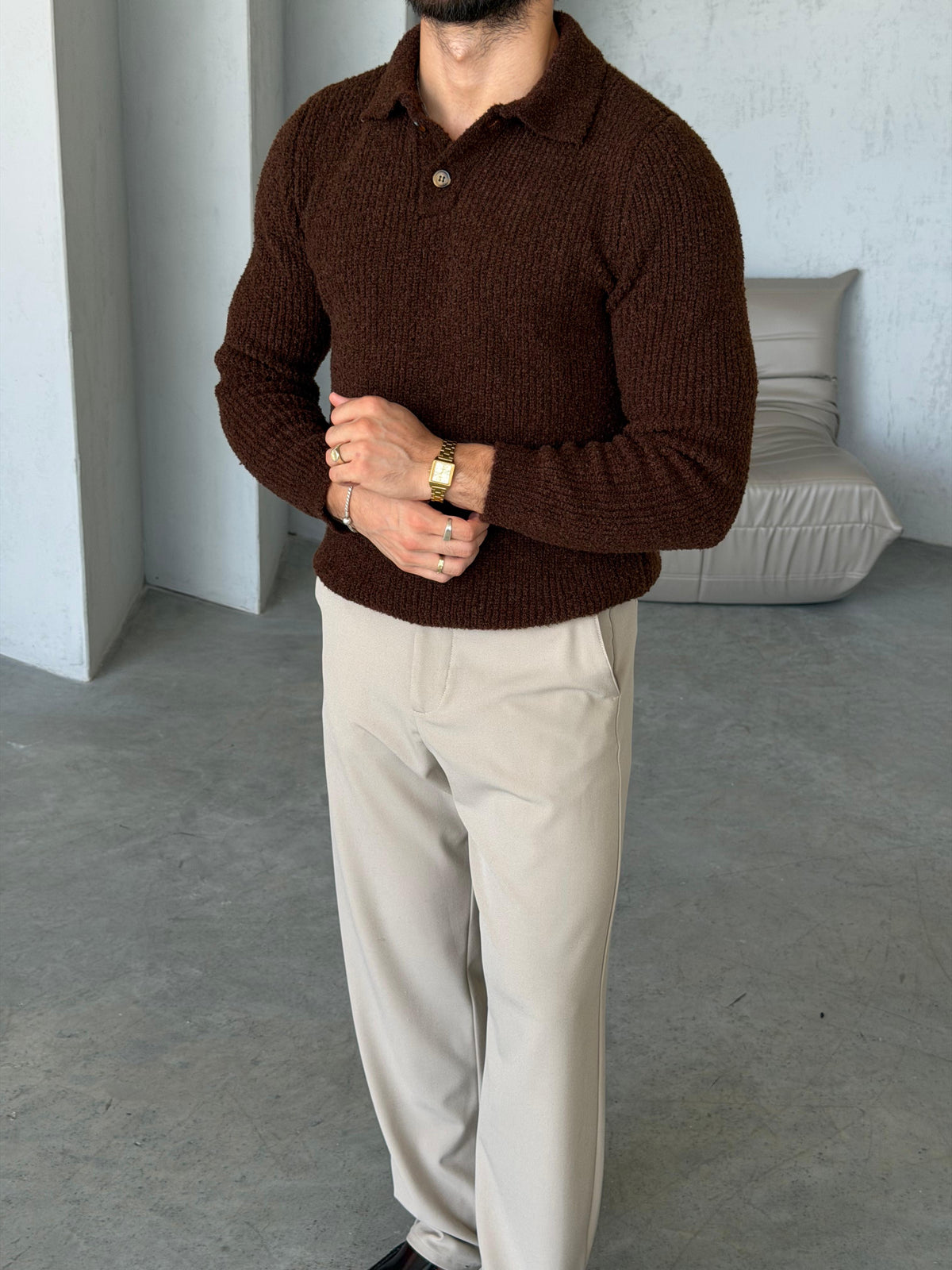 Premium Soft Touch Polo Knit Sweater - BROWN
