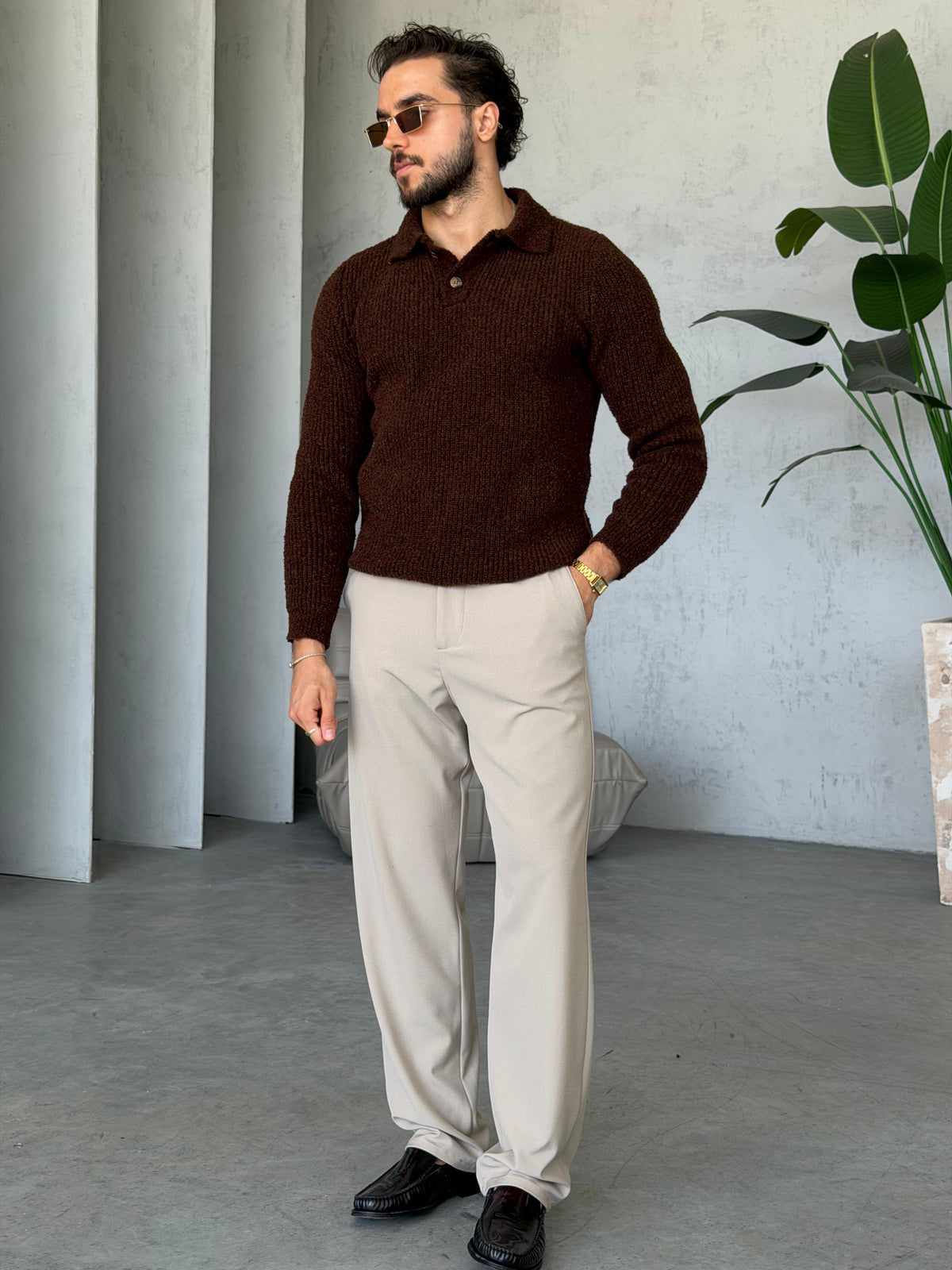 Premium Soft Touch Polo Knit Sweater - BROWN