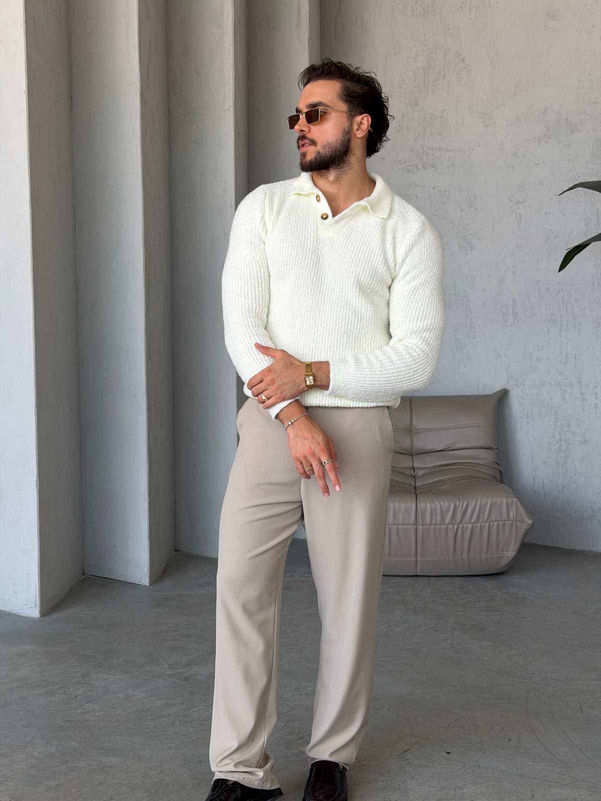 Premium Soft Touch Polo Knit Sweater - Cream