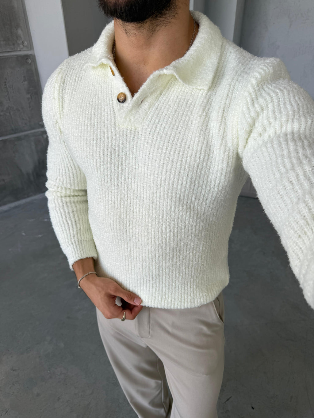 Premium Soft Touch Polo Knit Sweater - Cream