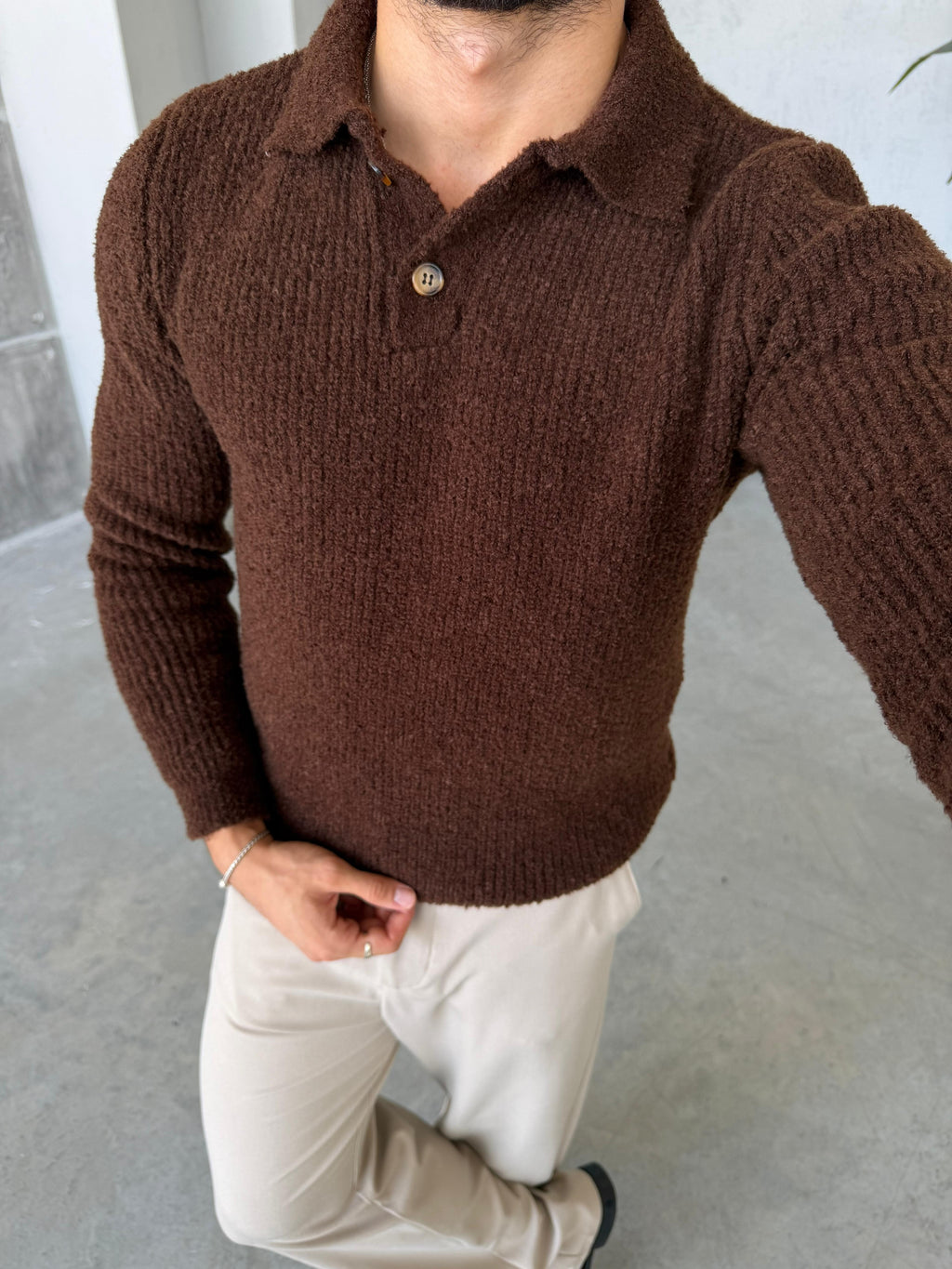 Premium Soft Touch Polo Knit Sweater - BROWN