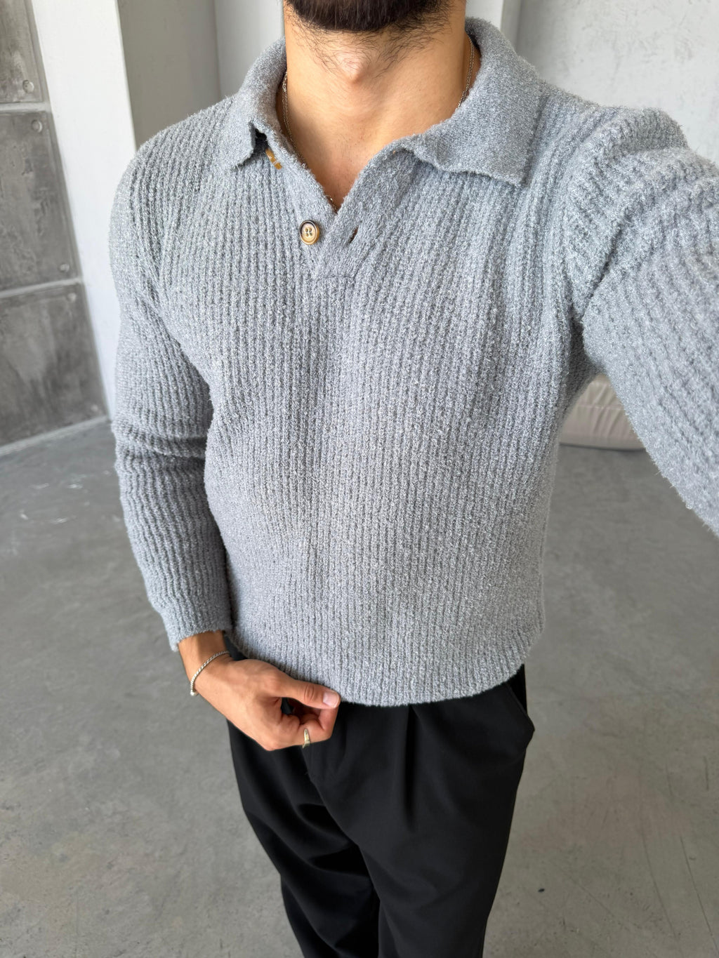 Premium Soft Touch Polo Knit Sweater - GRI