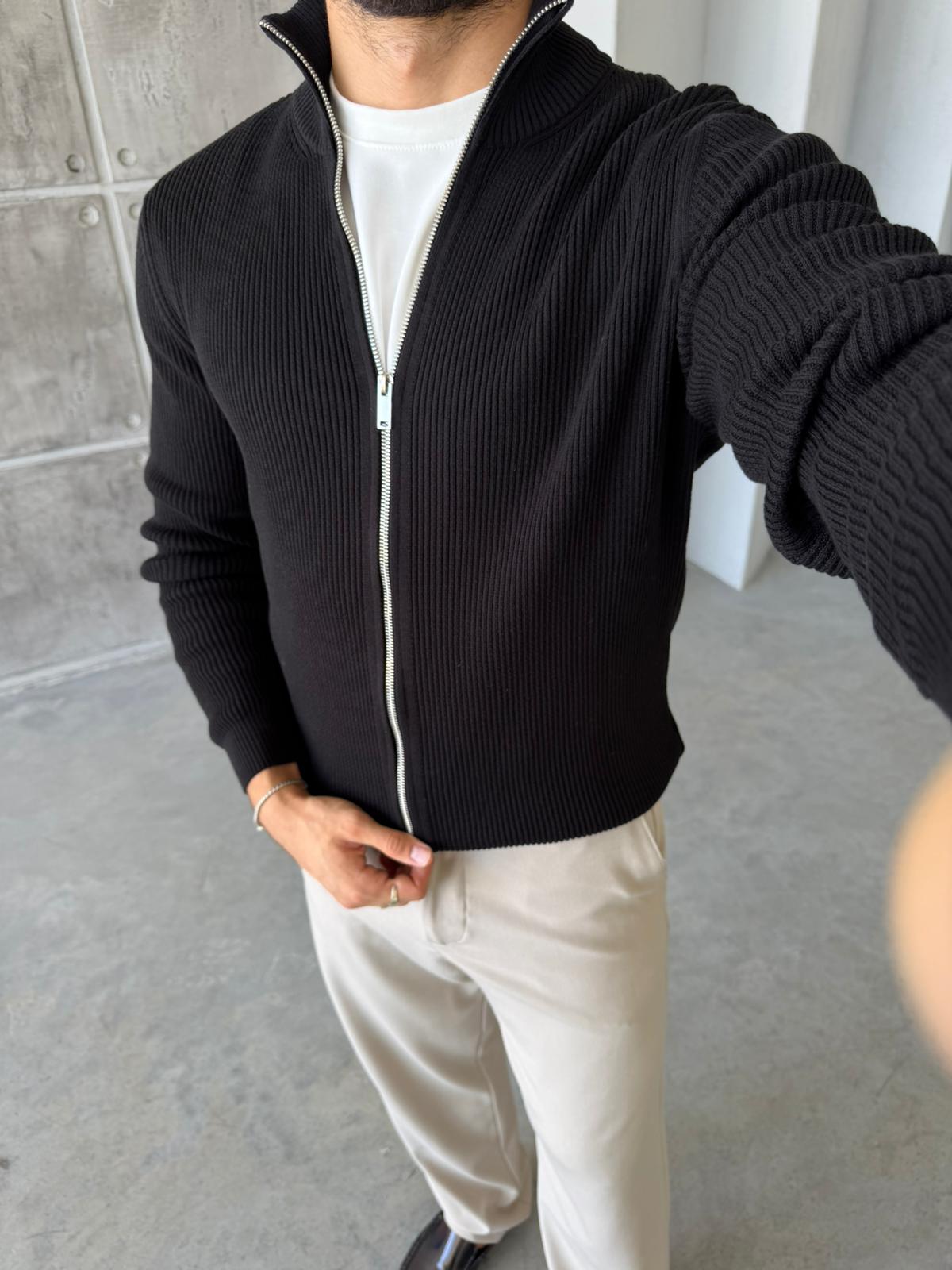 Ribbed Double-Zip Knit Cardigan – Black