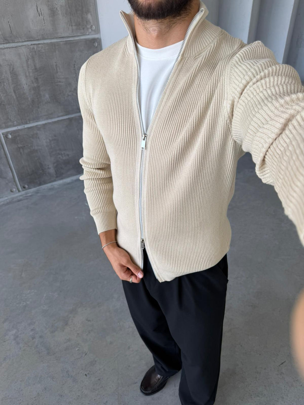 Ribbed Double-Zip Knit Cardigan – Ecru