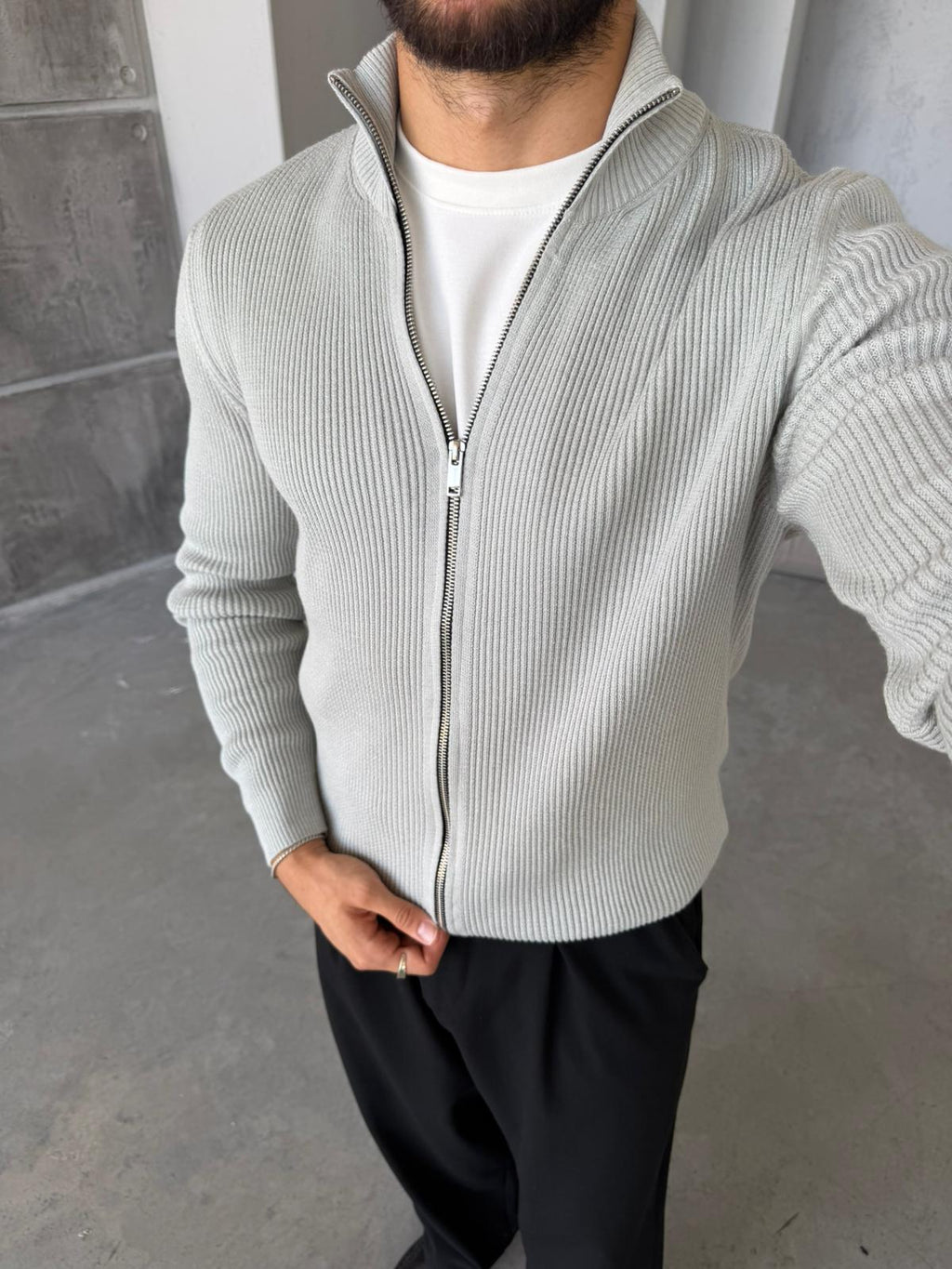 Ribbed Double-Zip Knit Cardigan – Grey