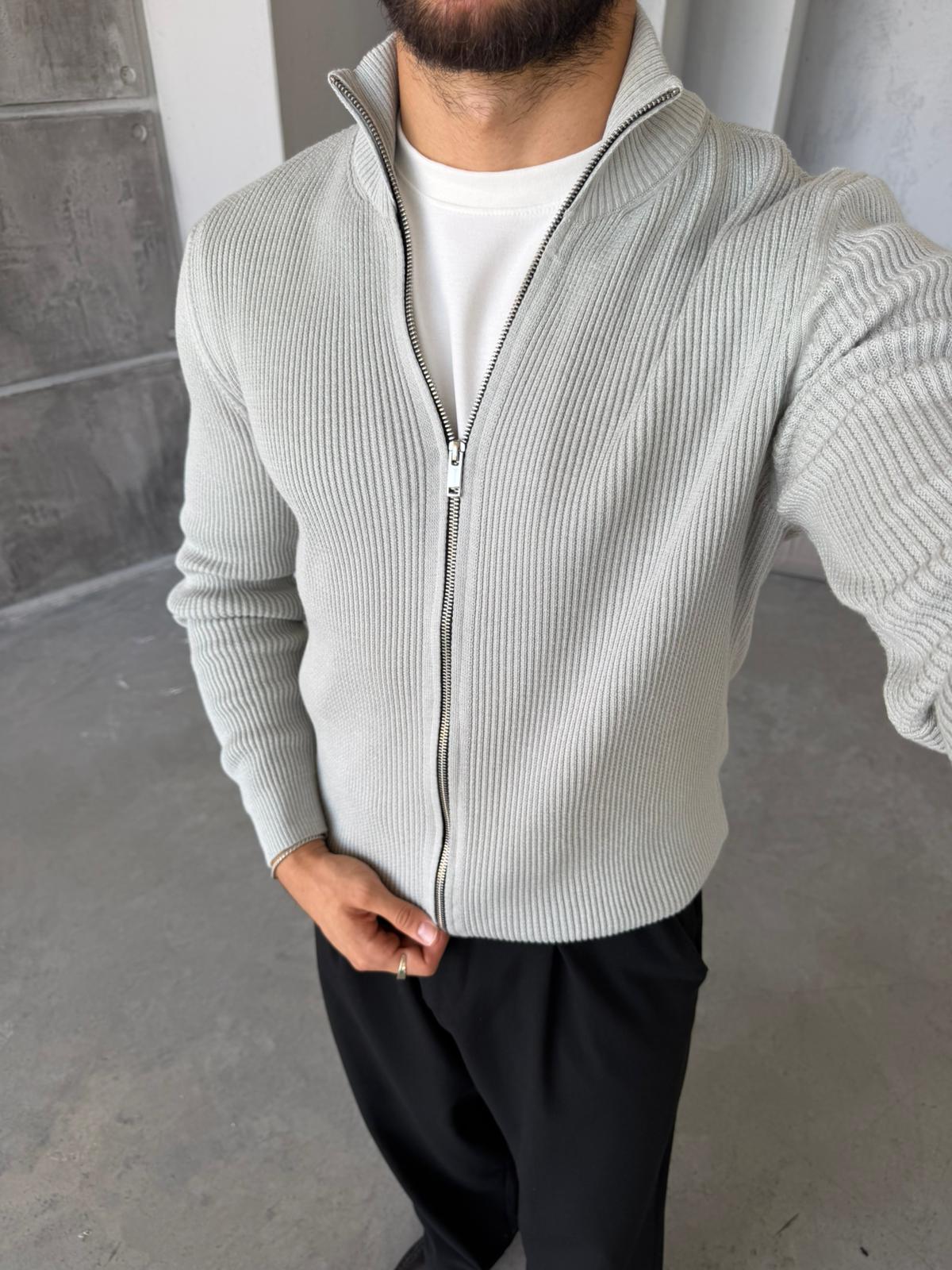 Ribbed Double-Zip Knit Cardigan – Grey